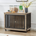 Furniture Style Dog Crate Side Table With Feeding Bowl, Wheels, Three Doors, Flip Up Top Opening. Indoor, Grey, 38.58