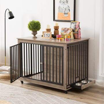 Furniture Style Dog Crate Side Table With Feeding Bowl, Wheels, Three Doors, Flip Up Top Opening. Indoor, Grey, 43.7"W X 30"D X 33.7"H Grey Particle Board