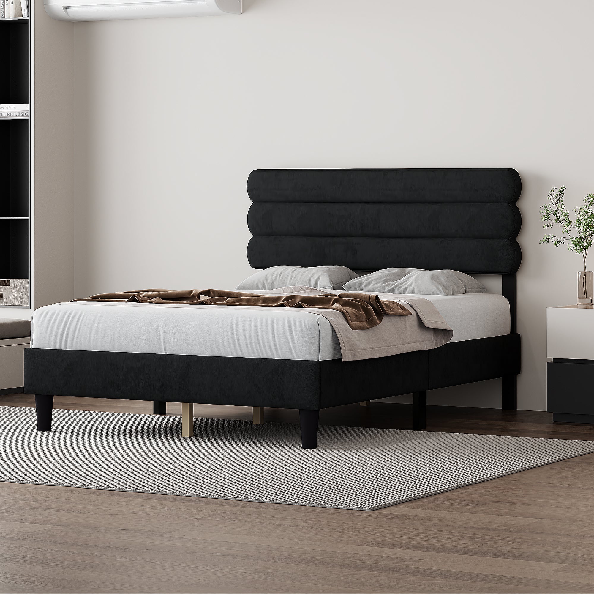 Full Bed Frame With Headboard,Sturdy Platform Bed With Wooden Slats Support,No Box Spring,Mattress Foundation,Easy Assembly Dark Grey Dark Grey Wood