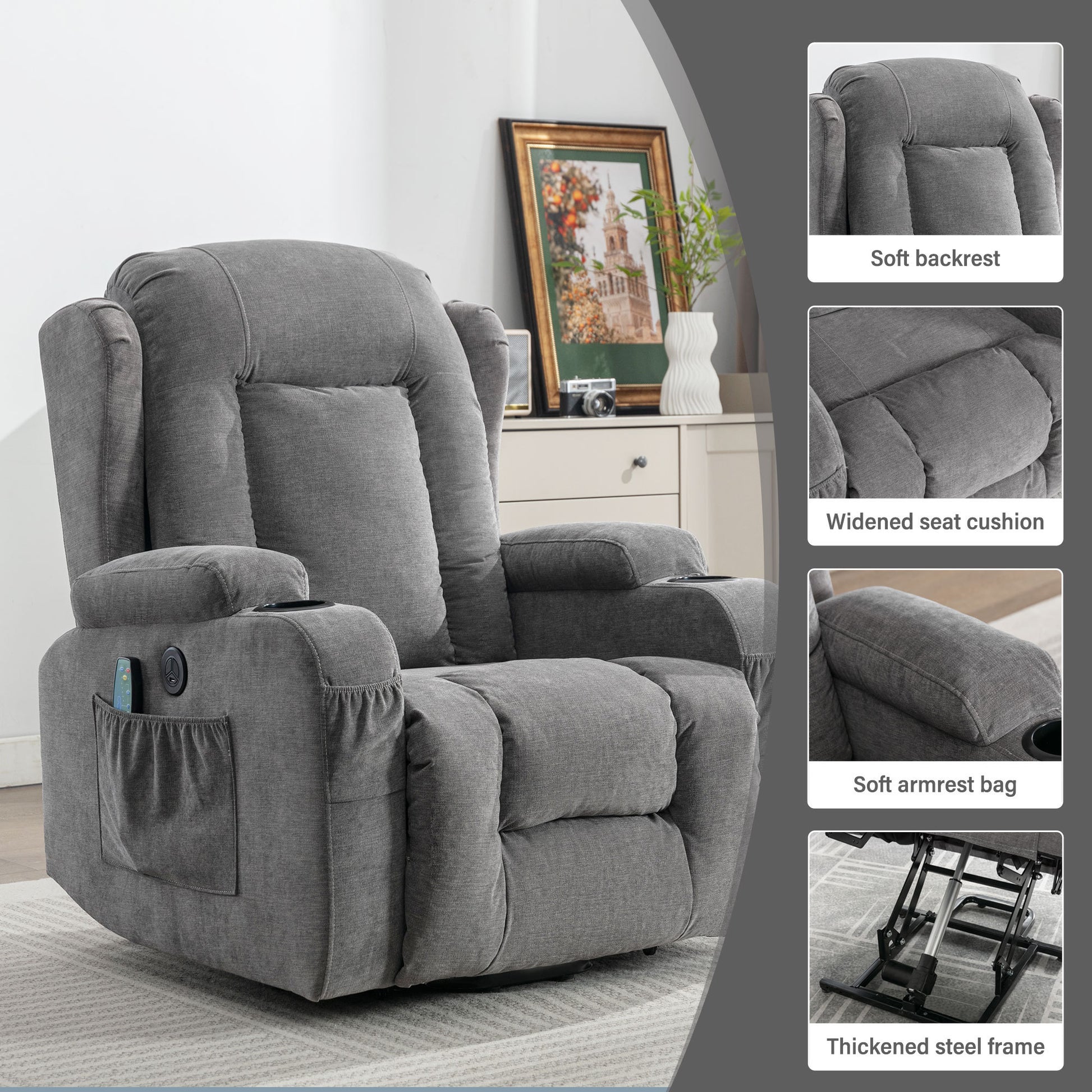 Power Lift Recliner Chair Recliners For Elderly With Heat And Massage Recliner Chair For Living Room With Infinite Position And Side Pocket,Usb Charge Port Grey Grey Power Push Button Soft Heavy Duty Cotton Wood Metal