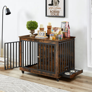 Furniture Style Dog Crate Side Table With Feeding Bowl, Wheels, Three Doors, Flip Up Top Opening. Indoor, Rustic Brown, 38.58"W X 25.2"D X 27.17"H Rustic Brown Particle Board