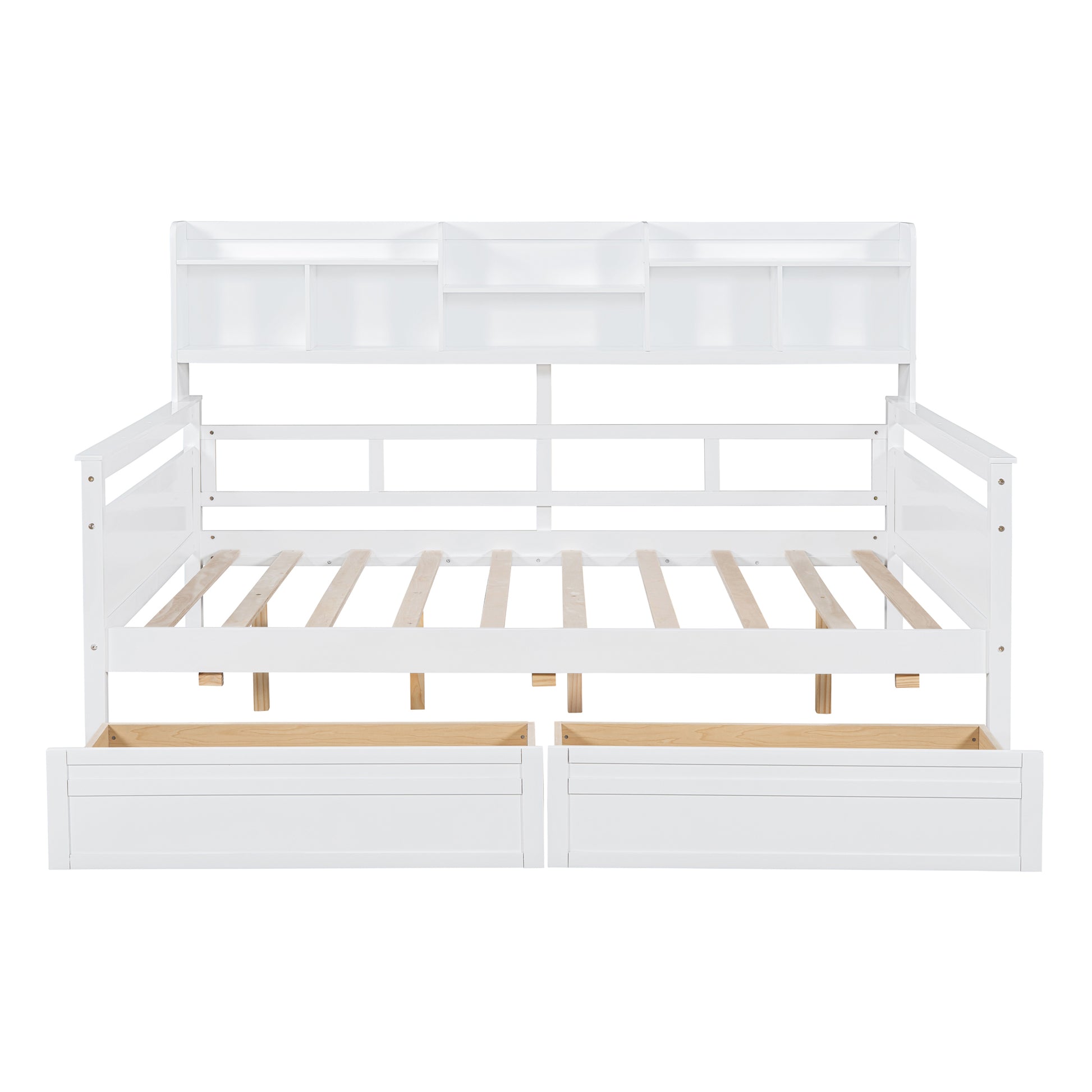 Full Size Daybed, Wood Slat Support, With Bedside Shelf And Two Drawers, White White Solid Wood Mdf