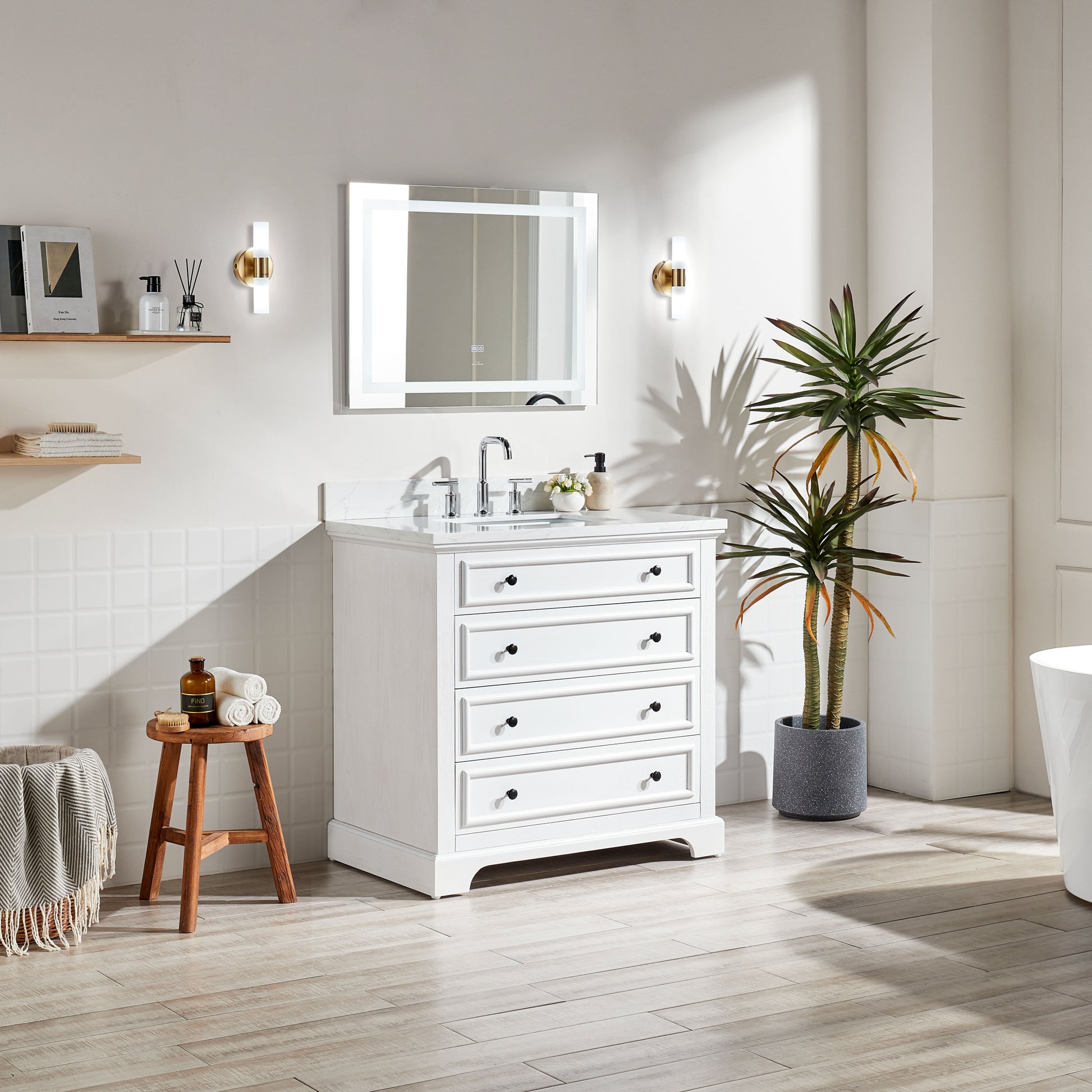 Fully Assembled 36'' Freestanding Single Bathroom Vanity With Marble Top 3 White Soft Close Doors Bathroom Freestanding Wood Painted