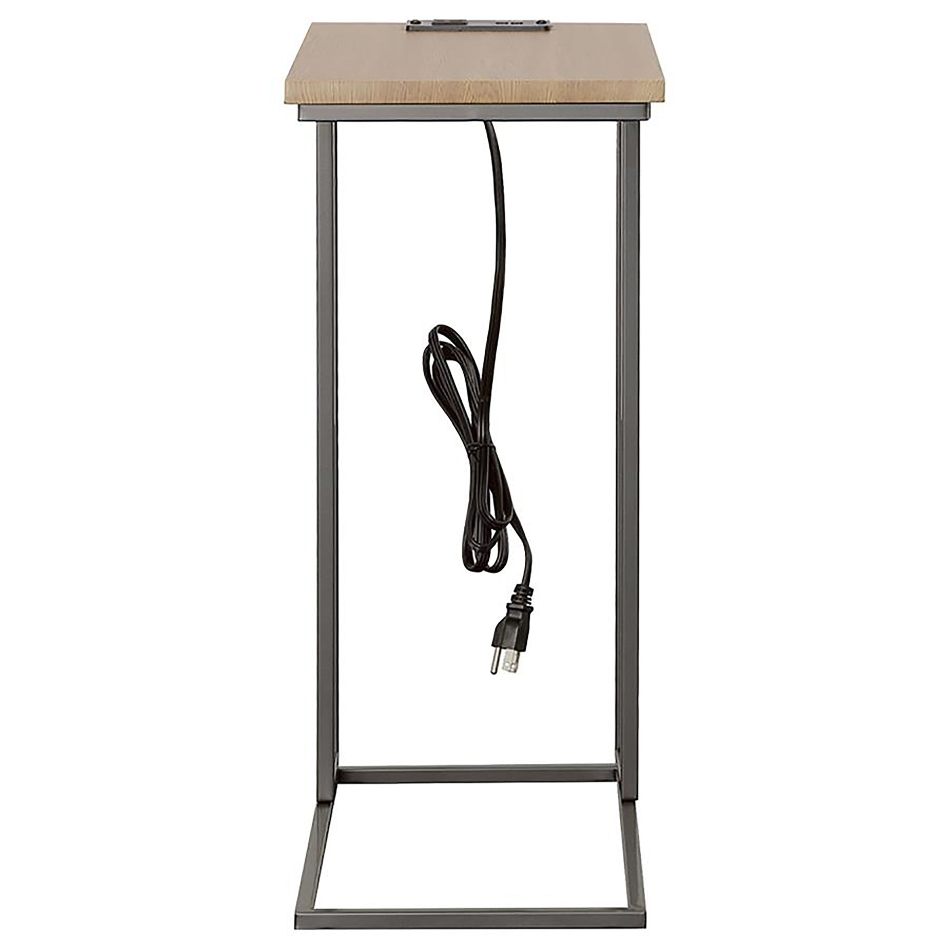 Gunmetal And Natural C Shape Snack Table With Power Outlet Brown Light Brown Built In Outlets Or Usb Primary Living Space Industrial Rectangular Rectangular Wood Sled