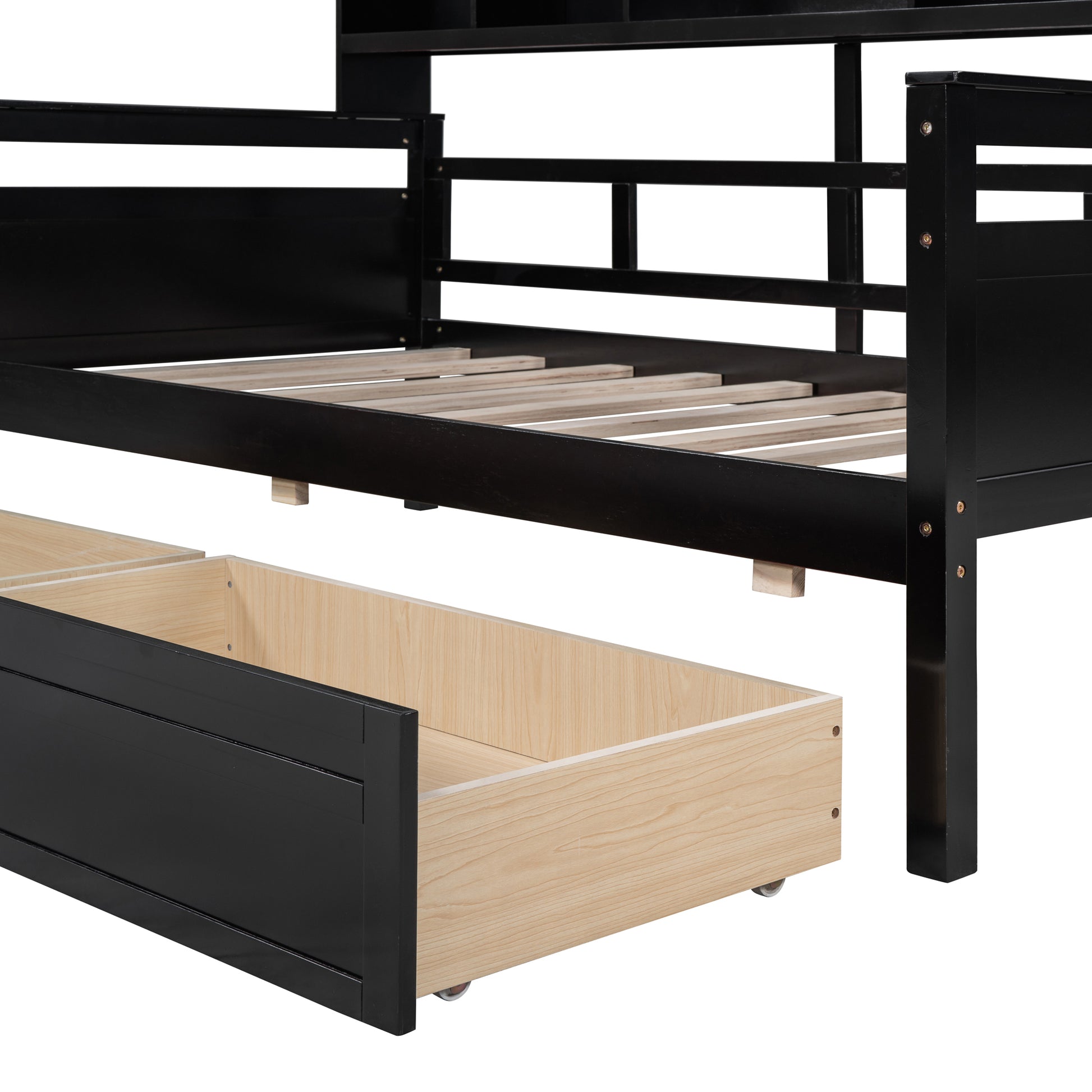 Twin Size Daybed, Wood Slat Support, With Bedside Shelves And Two Drawers, Espresso Espresso Solid Wood Mdf