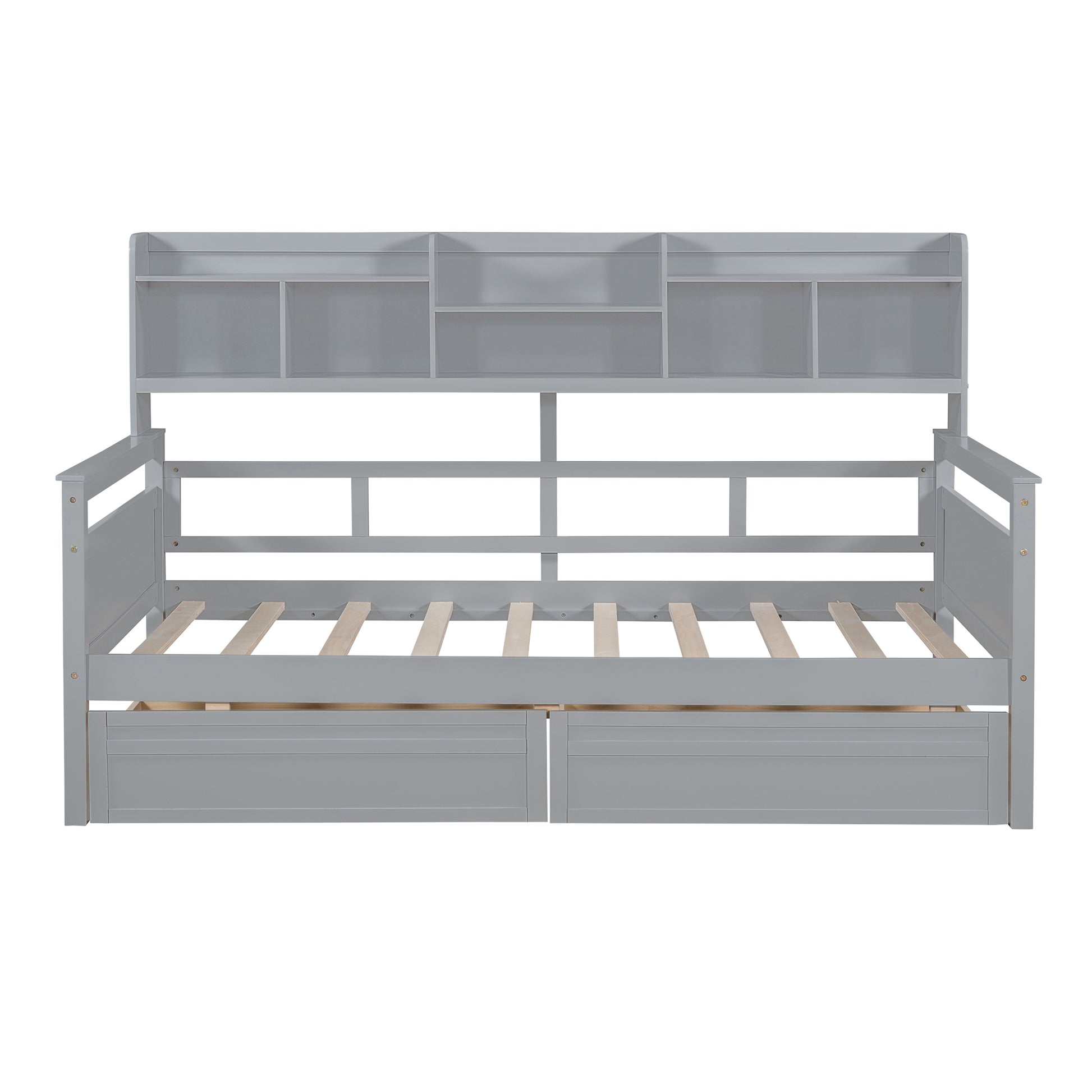 Twin Size Daybed, Wood Slat Support, With Bedside Shelves And Two Drawers, Gray Gray Solid Wood Mdf