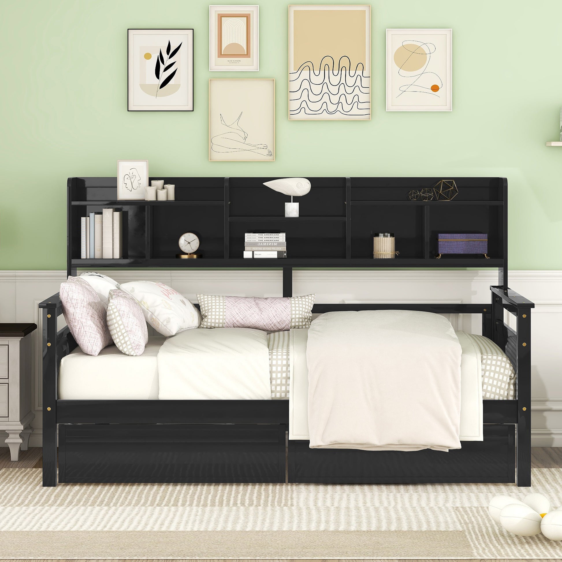 Twin Size Daybed, Wood Slat Support, With Bedside Shelves And Two Drawers, Espresso Espresso Solid Wood Mdf