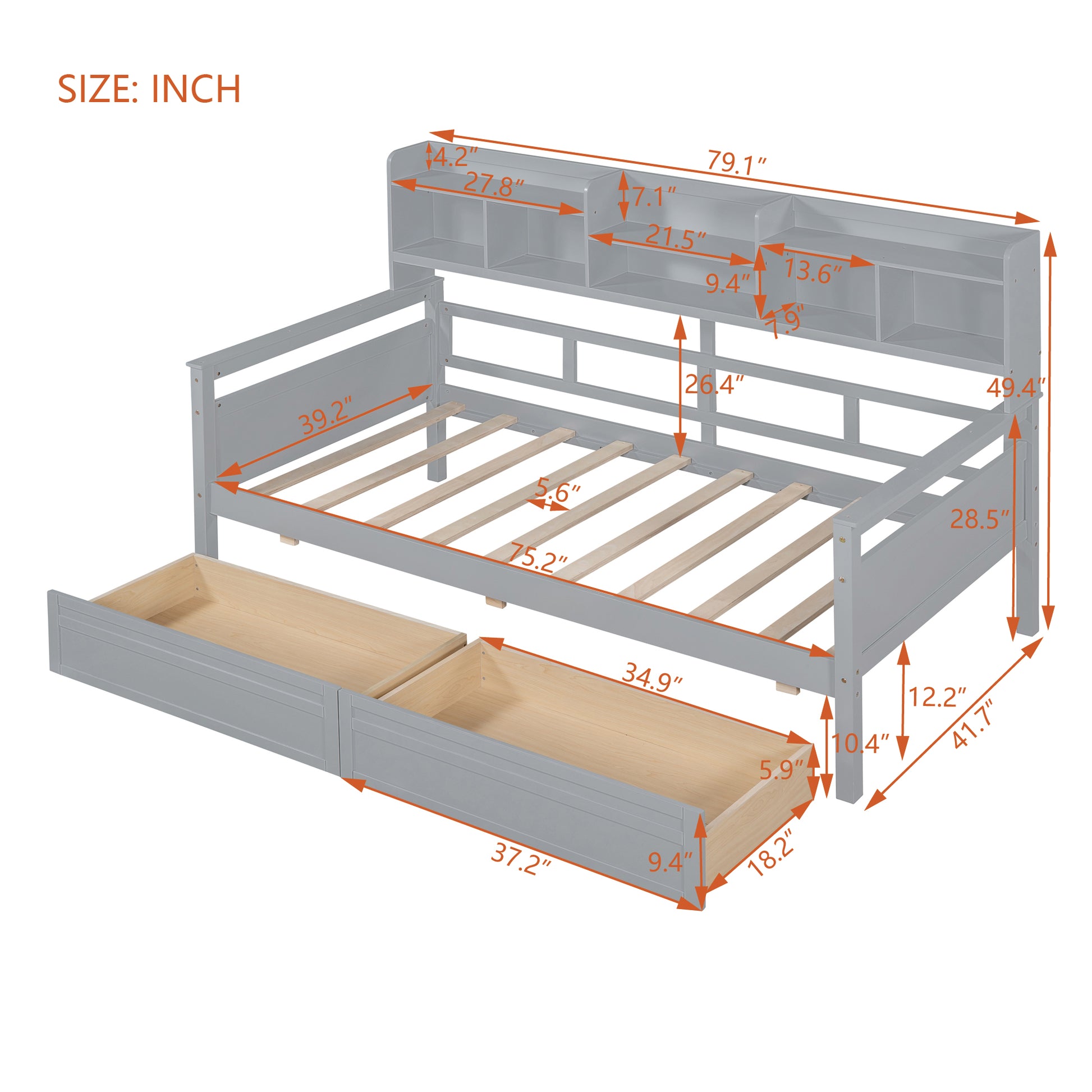 Twin Size Daybed, Wood Slat Support, With Bedside Shelves And Two Drawers, Gray Gray Solid Wood Mdf