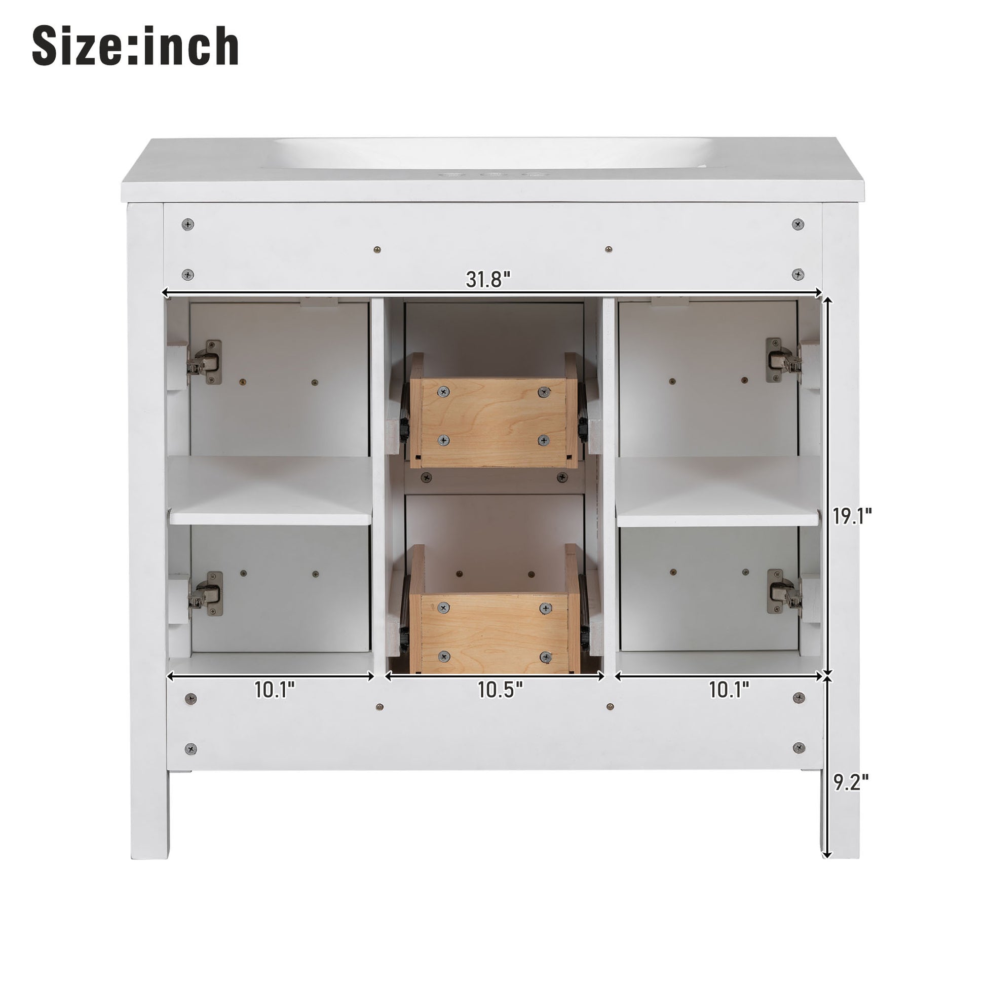 36" Bathroom Vanity Cabinet With Resin Integrated Sink 4 Drawers, 2 Doors White Solid Wood Mdf Resin