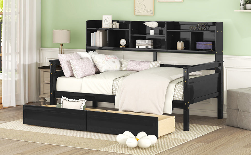 Twin Size Daybed, Wood Slat Support, With Bedside Shelves And Two Drawers, Espresso Espresso Solid Wood Mdf