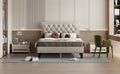 Full Size Panel Bed Frame With Adjustable Button Tufted Headboard For Bedroom Linen Upholstered Wood Slat Support Easy Assembly,Linen Beige Beige Wood