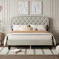 Queen Size Adjustable Headboard With Fine Linen Upholstery And Button Tufting For Bedroom, Wave Top Cream White Cream White Wood