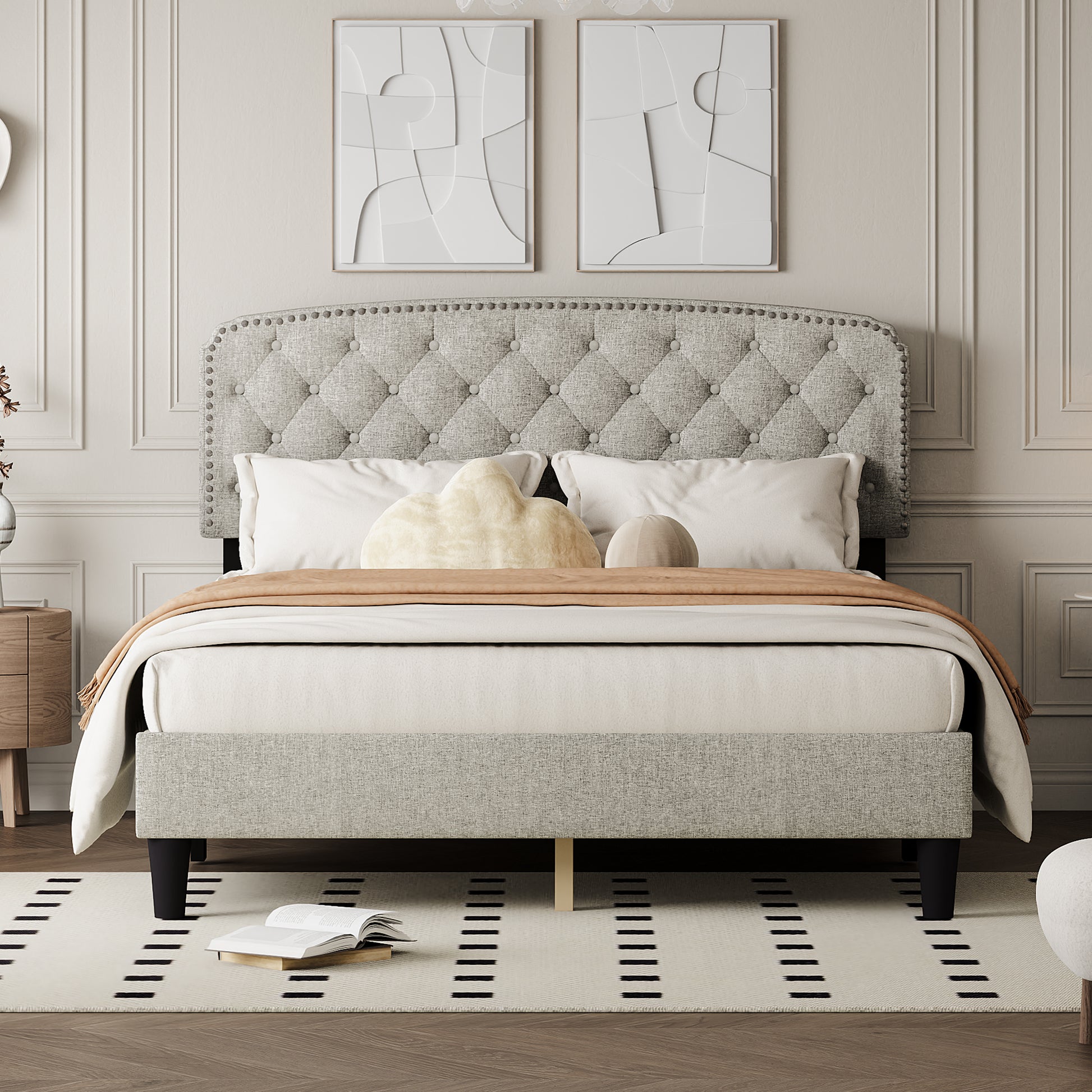 Queen Size Adjustable Headboard With Fine Linen Upholstery And Button Tufting For Bedroom, Wave Top Cream White Cream White Wood