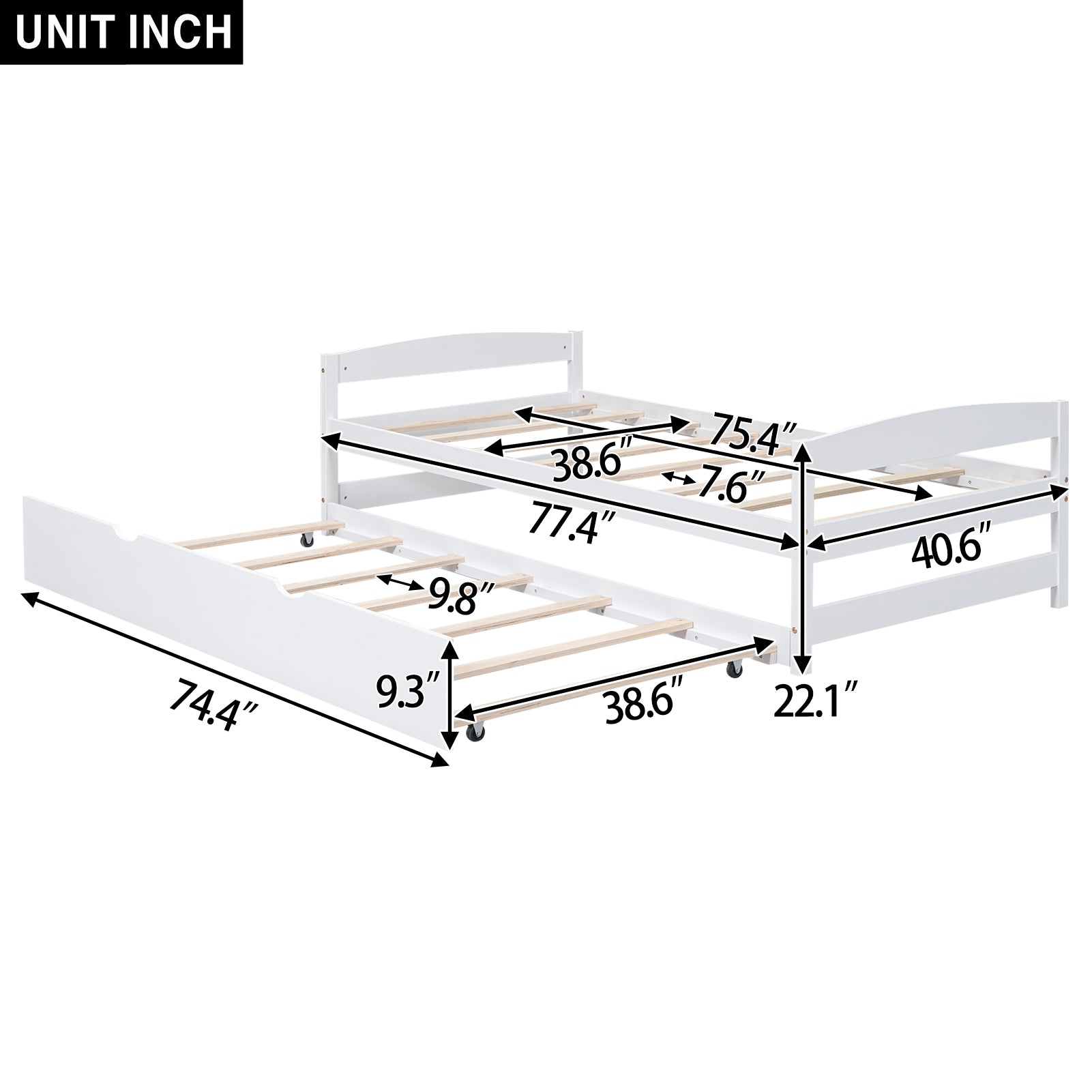 Twin Size Platform Bed With Twin Size Trundle, White Box Spring Not Required Twin White Wood Bedroom Pine