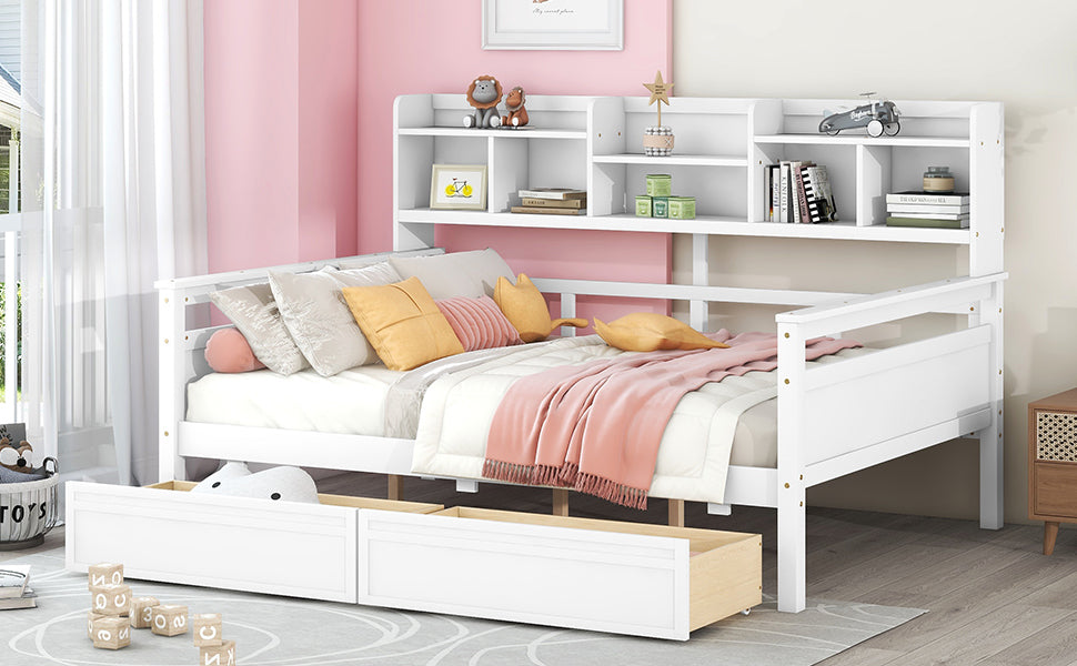 Full Size Daybed, Wood Slat Support, With Bedside Shelf And Two Drawers, White White Solid Wood Mdf