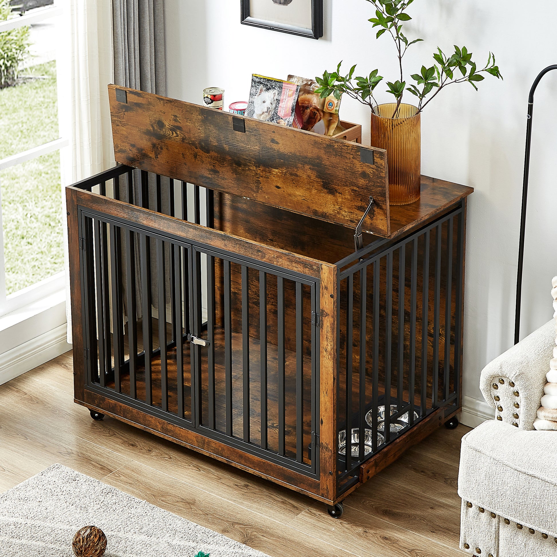 Furniture Style Dog Crate Side Table With Feeding Bowl, Wheels, Three Doors, Flip Up Top Opening. Indoor, Rustic Brown, 43.7"W X 30"D X 33.7"H Rustic Brown Particle Board