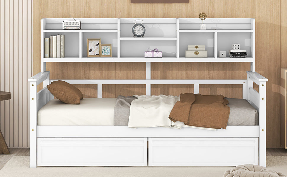 Twin Size Daybed, Wood Slat Support, With Bedside Shelves And Two Drawers, White White Solid Wood Mdf