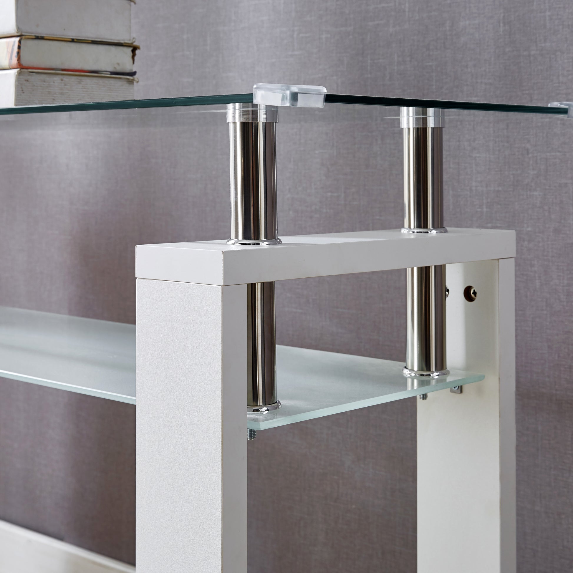 White Mdf Console Table, Tempered Glass Top, Modern Foyer Area Table White Mdf