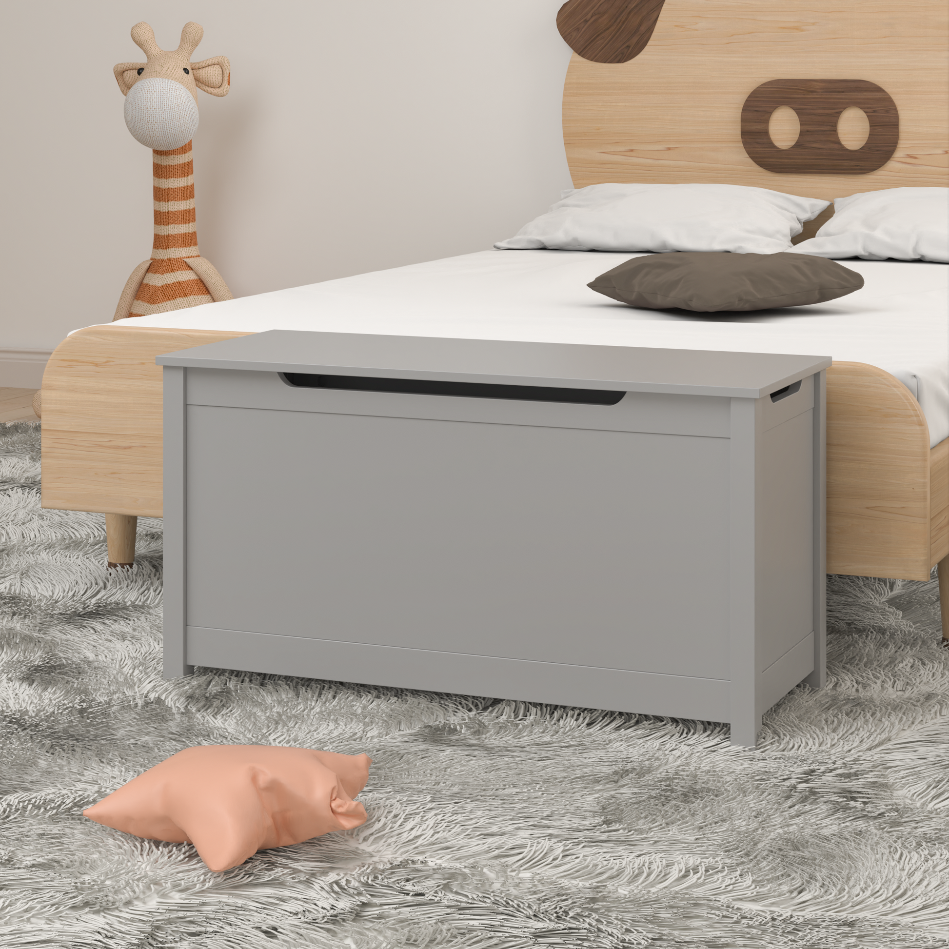 Kids Wooden Toy Box Storage With Safety Hinged Lid For Ages 2 Gray Gray Mdf