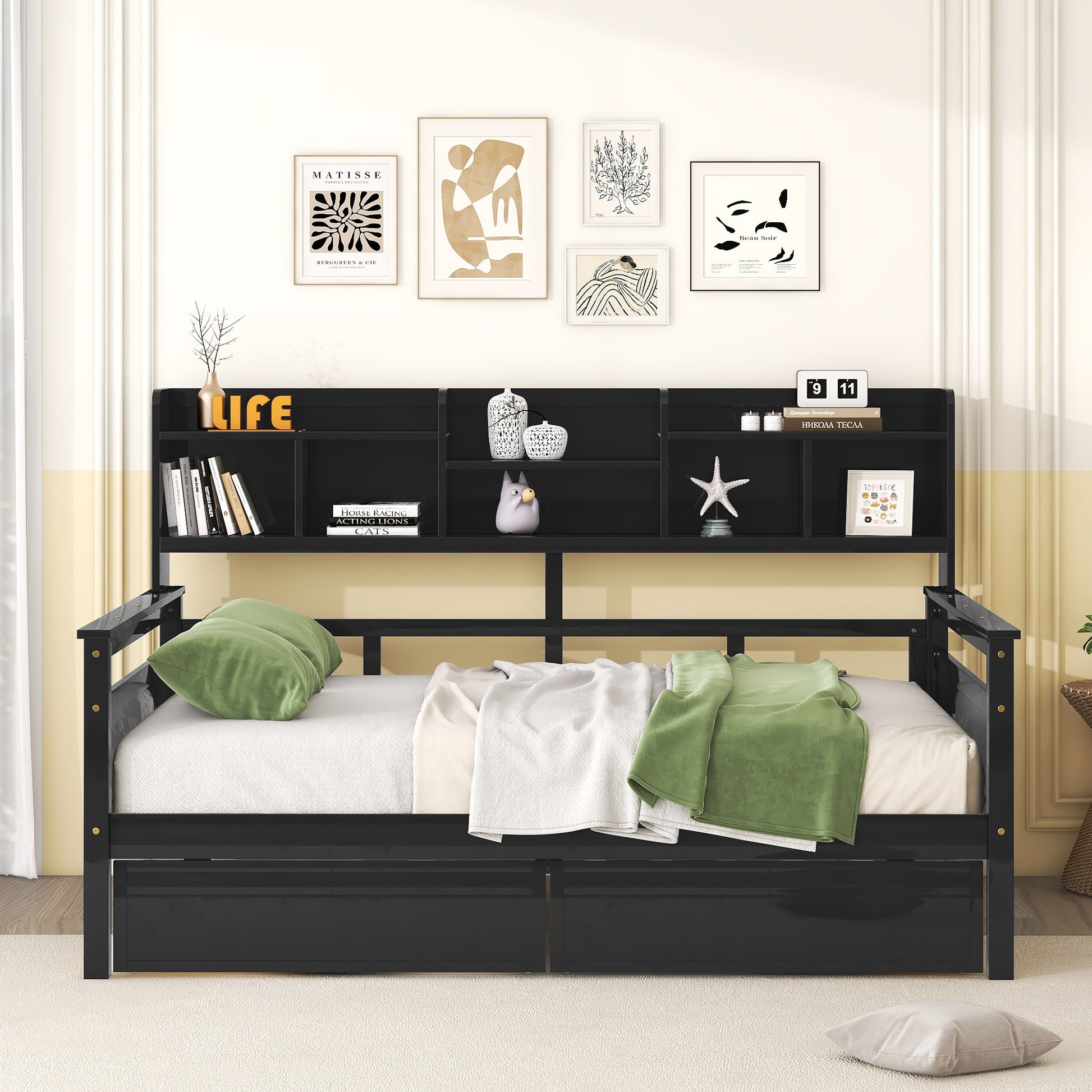 Full Size Daybed, Wood Slat Support, With Bedside Shelf And Two Drawers, Espresso Espresso Solid Wood Mdf