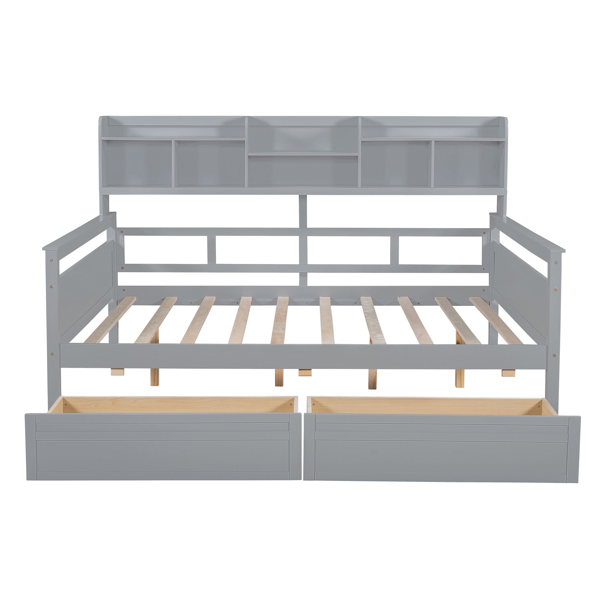 Full Size Daybed, Wood Slat Support, With Bedside Shelf And Two Drawers, Gray Gray Solid Wood Mdf