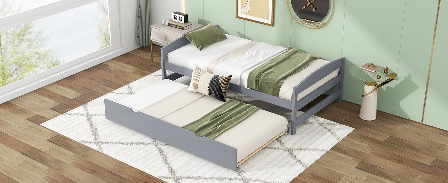 Twin Size Platform Bed With Twin Size Trundle, Gray Box Spring Not Required Twin Gray Wood Bedroom Pine