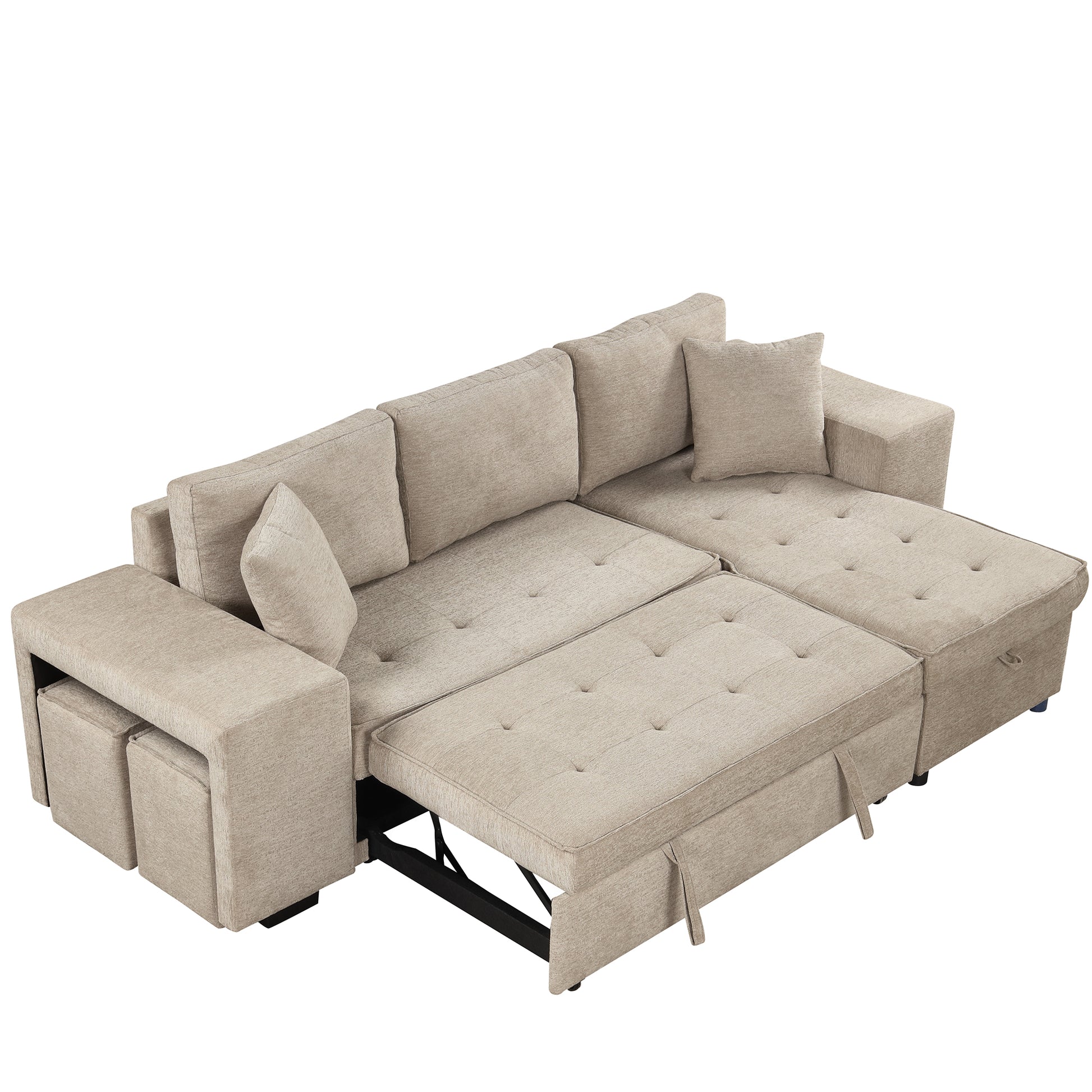 104.5" Modern L Shape 3 Seat Reversible Sectional Couch, Pull Out Sleeper Sofa With Storage Chaise And 2 Stools For Living Room Furniture Set, Cream Cream Foam Chenille 3 Seat