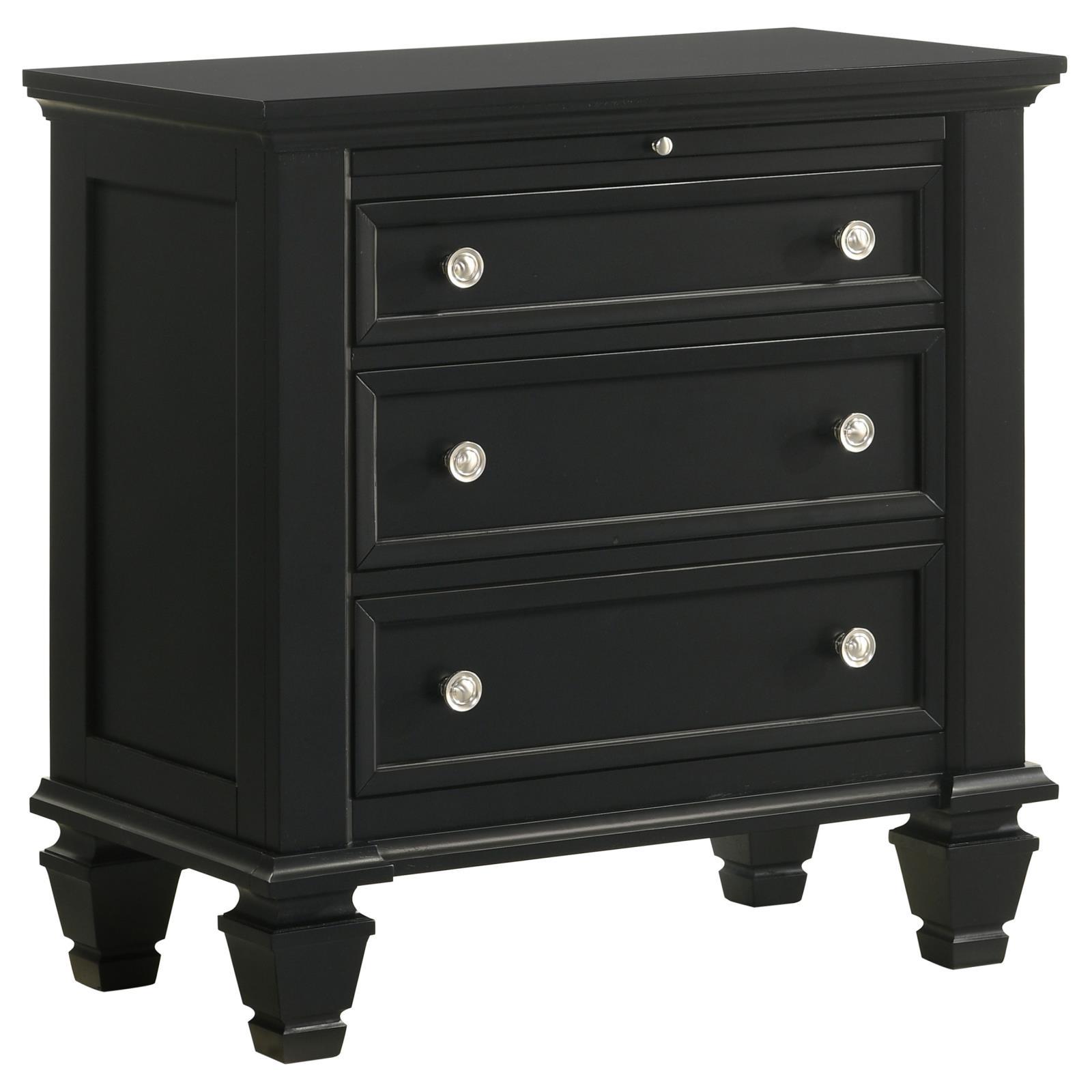 Black 3 Drawer Nightstand With Pull Out Tray Black 3 Drawers Bedroom Drawer Storage Coastal Rubberwood Felt Lined Drawers Black Wood