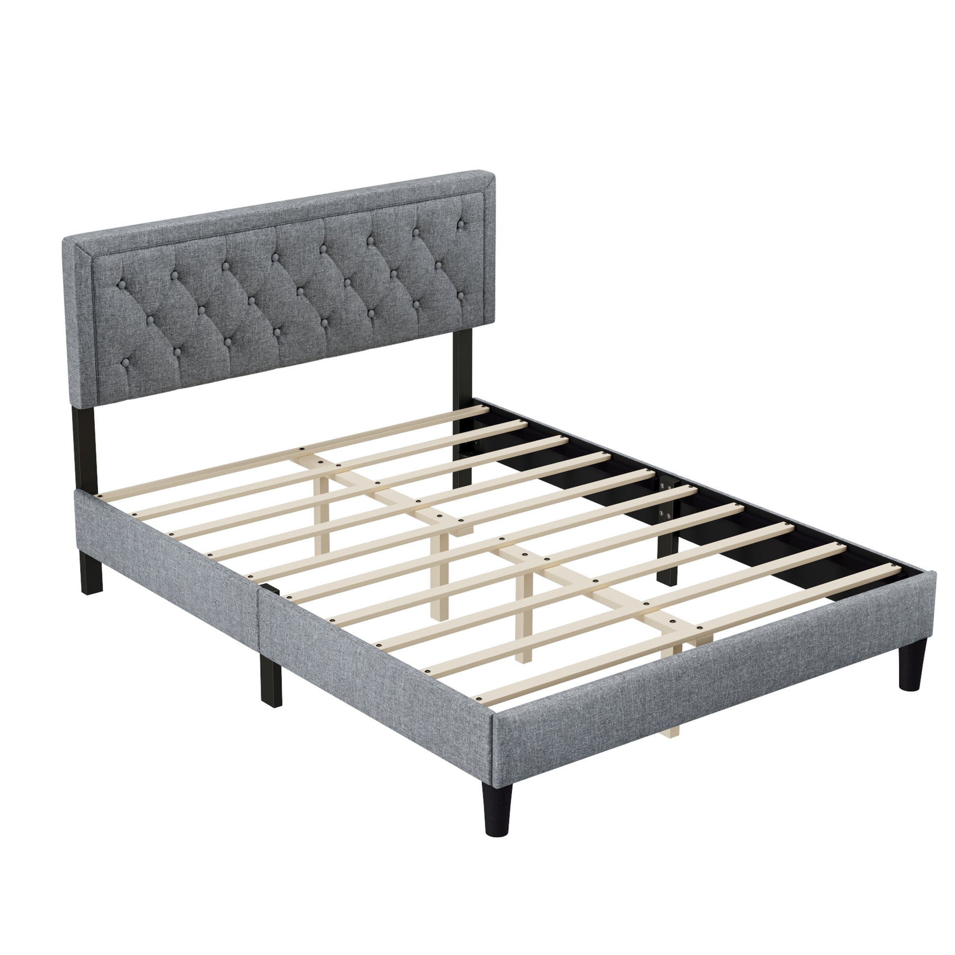 Queen Size Panel Bed Frame With Adjustable Button Tufted Headboard For Bedroom Linen Upholstered Wood Slat Support Easy Assembly,Light Grey Light Grey Wood