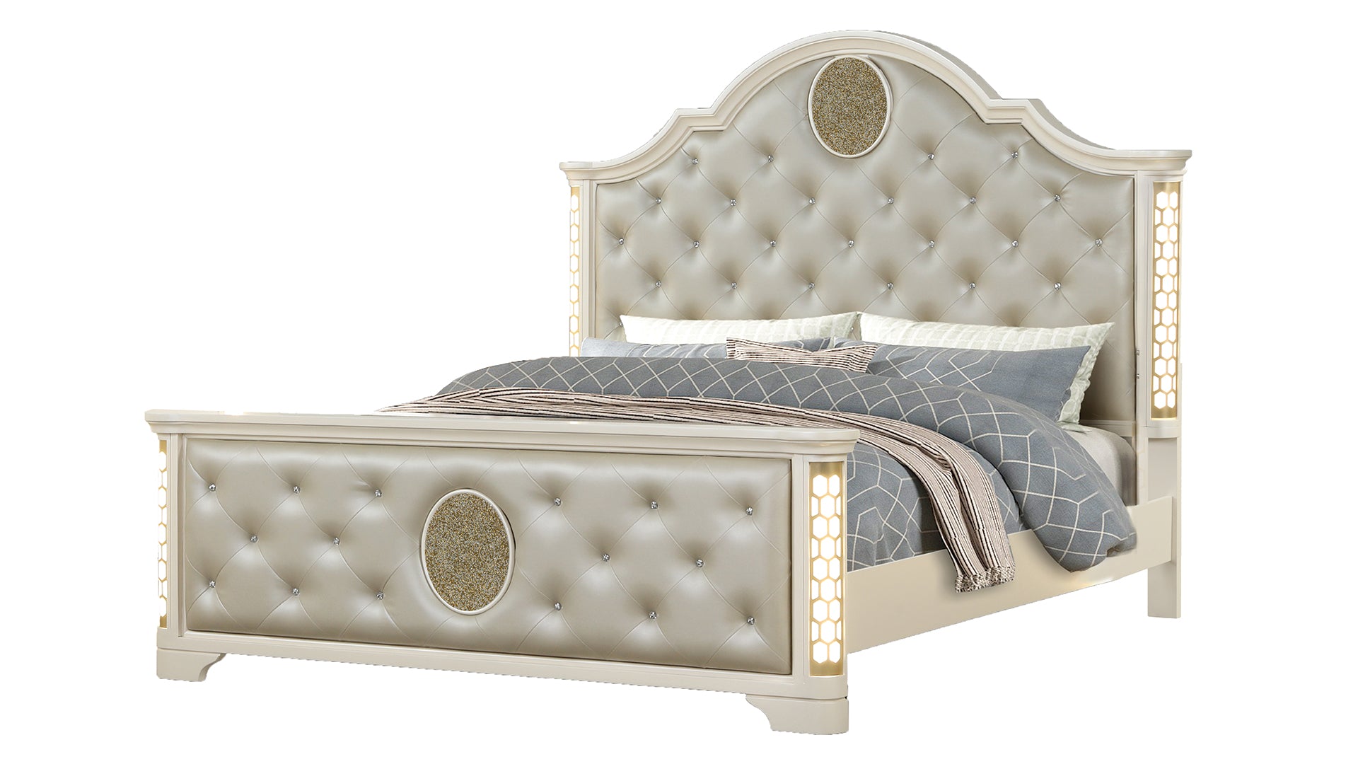 Queen 4 Pc Unique Led Vanity Bedroom Set Made With Wood In Beige Box Spring Required Queen Beige Wood 4 Piece Set Bedroom Modern Acacia Solid Wood Mdf Tufted Velvet Wood