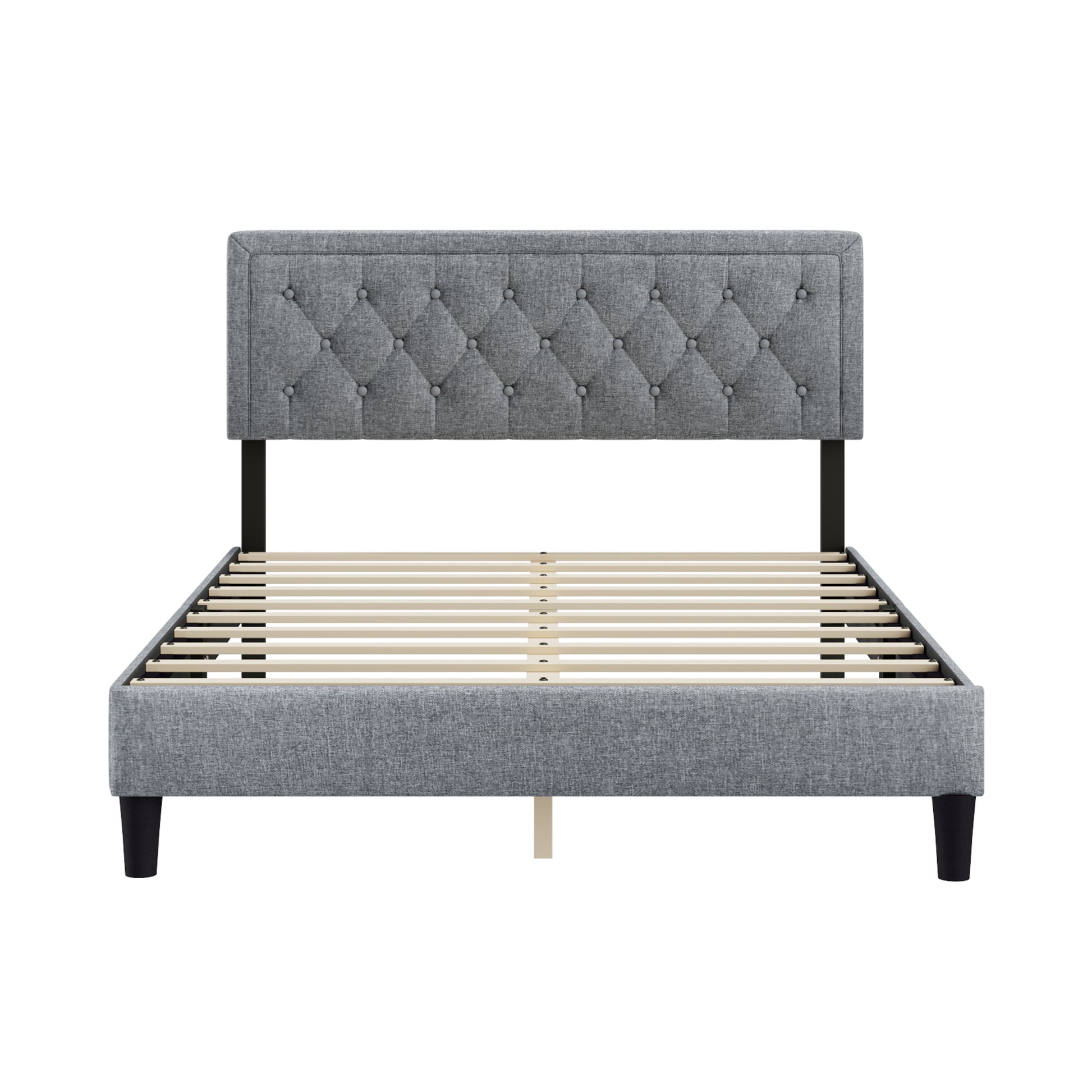 Queen Size Panel Bed Frame With Adjustable Button Tufted Headboard For Bedroom Linen Upholstered Wood Slat Support Easy Assembly,Light Grey Light Grey Wood