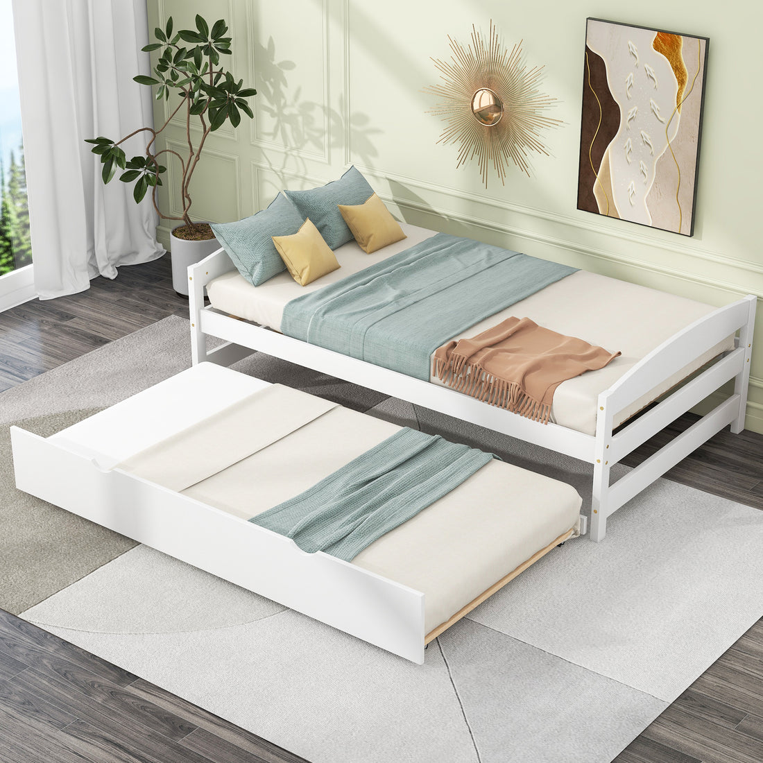 Twin Size Platform Bed With Twin Size Trundle, White Box Spring Not Required Twin White Wood Bedroom Pine