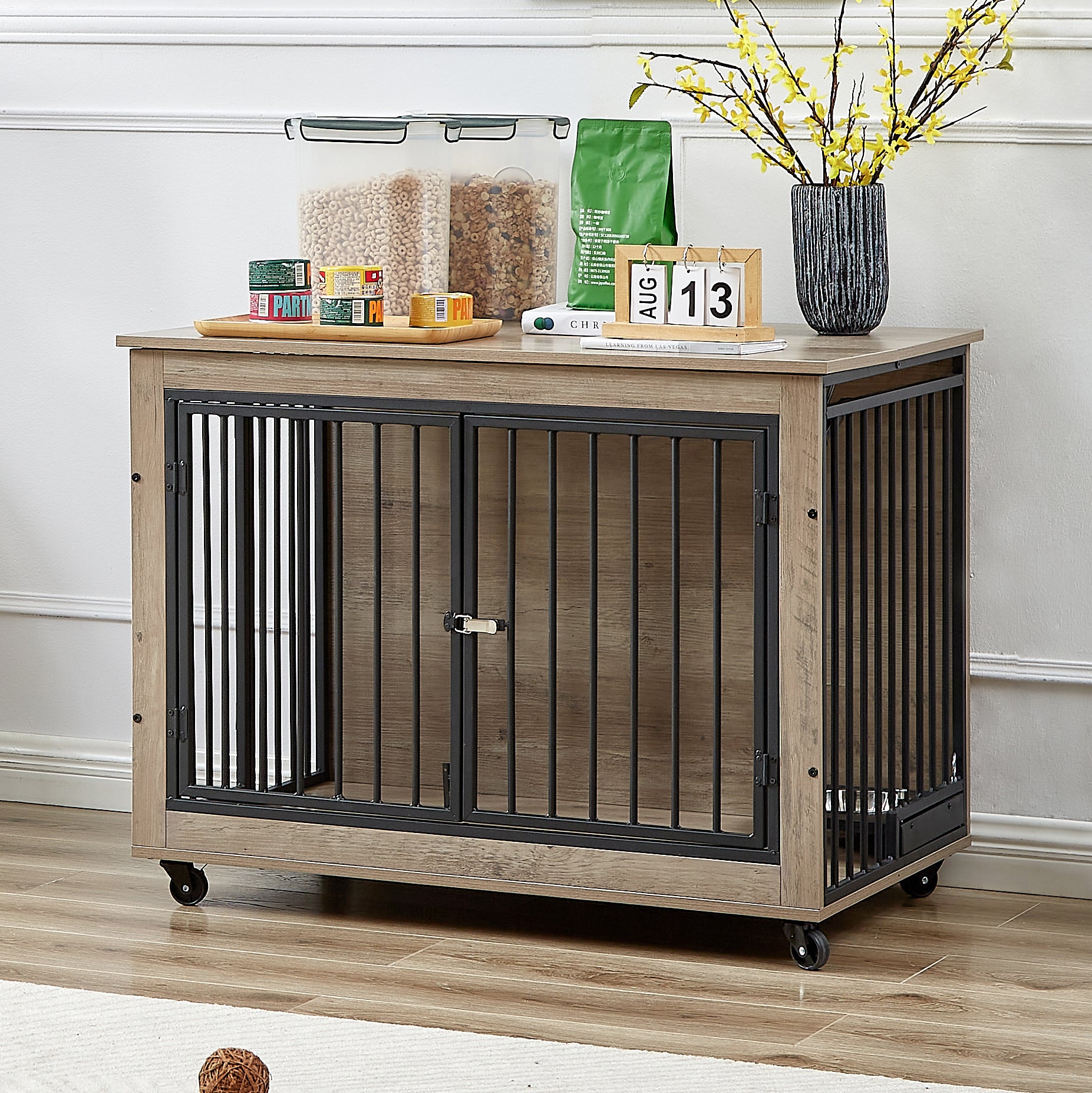 Furniture Style Dog Crate Side Table With Rotatable Feeding Bowl, Wheels, Three Doors, Flip Up Top Opening. Indoor, Grey, 38.58"W X 25.2"D X 27.17"H Grey Particle Board