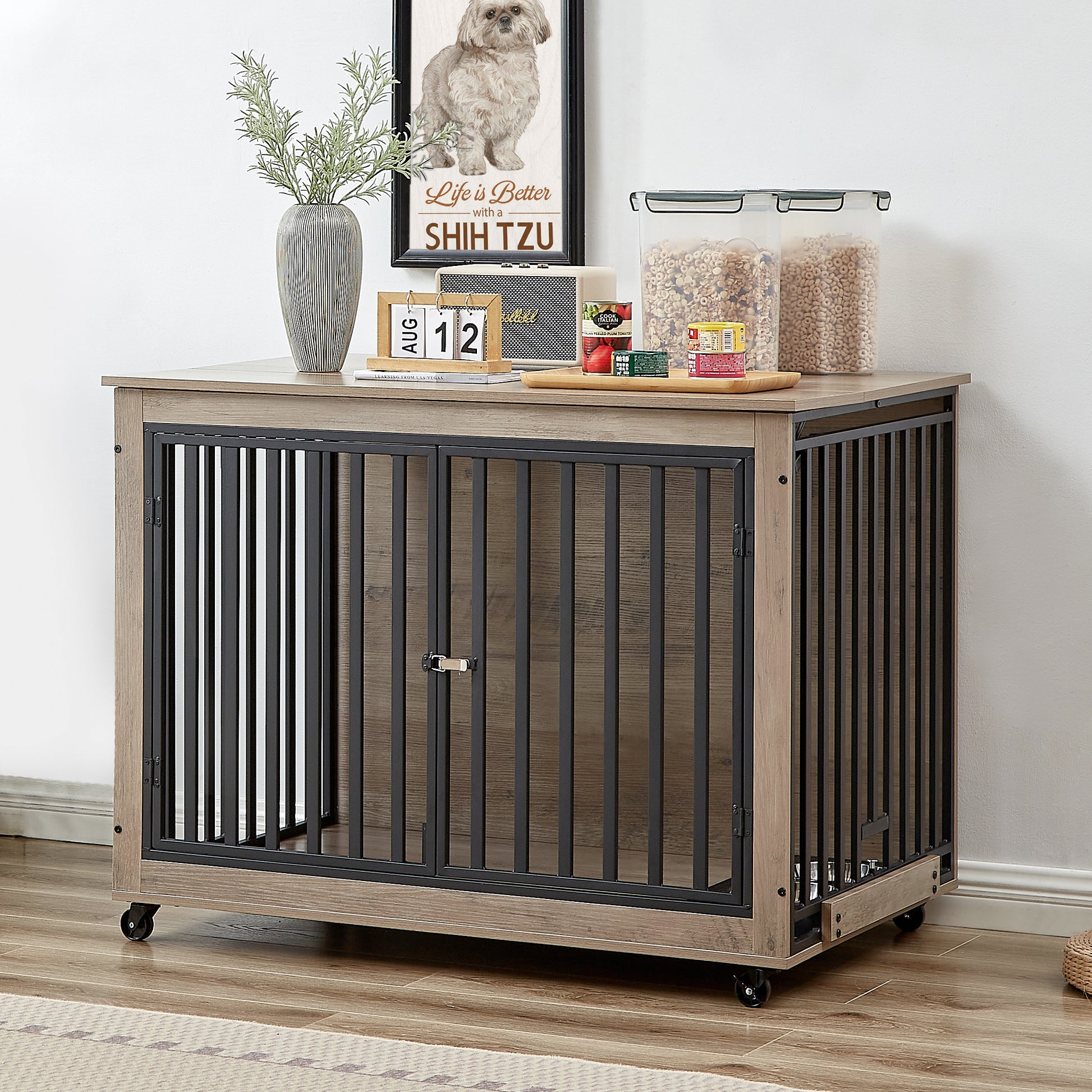 Furniture Style Dog Crate Side Table With Feeding Bowl, Wheels, Three Doors, Flip Up Top Opening. Indoor, Grey, 43.7"W X 30"D X 33.7"H Grey Particle Board