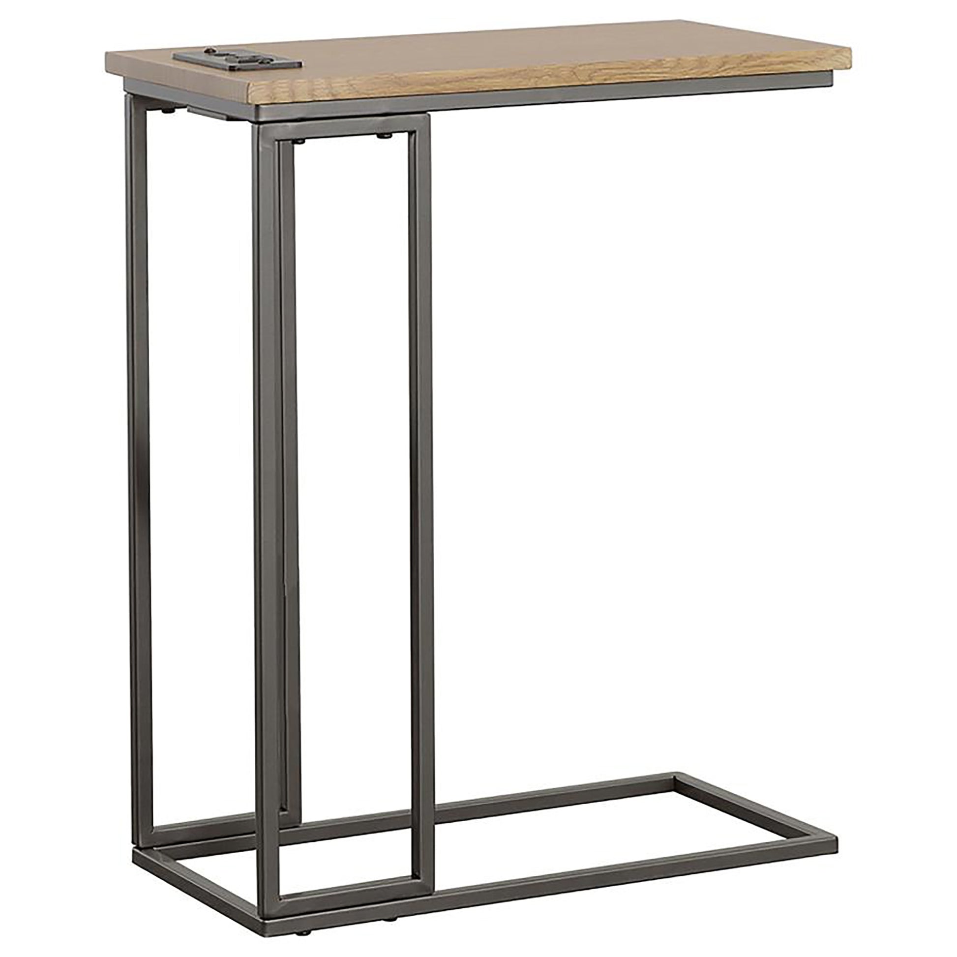 Gunmetal And Natural C Shape Snack Table With Power Outlet Brown Light Brown Built In Outlets Or Usb Primary Living Space Industrial Rectangular Rectangular Wood Sled