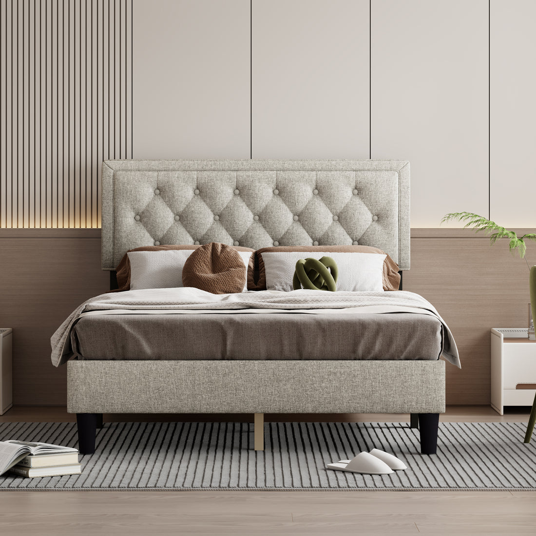 Queen Size Panel Bed Frame With Adjustable Button Tufted Headboard For Bedroom Linen Upholstered Wood Slat Support Easy Assembly,Linen Beige Beige Wood
