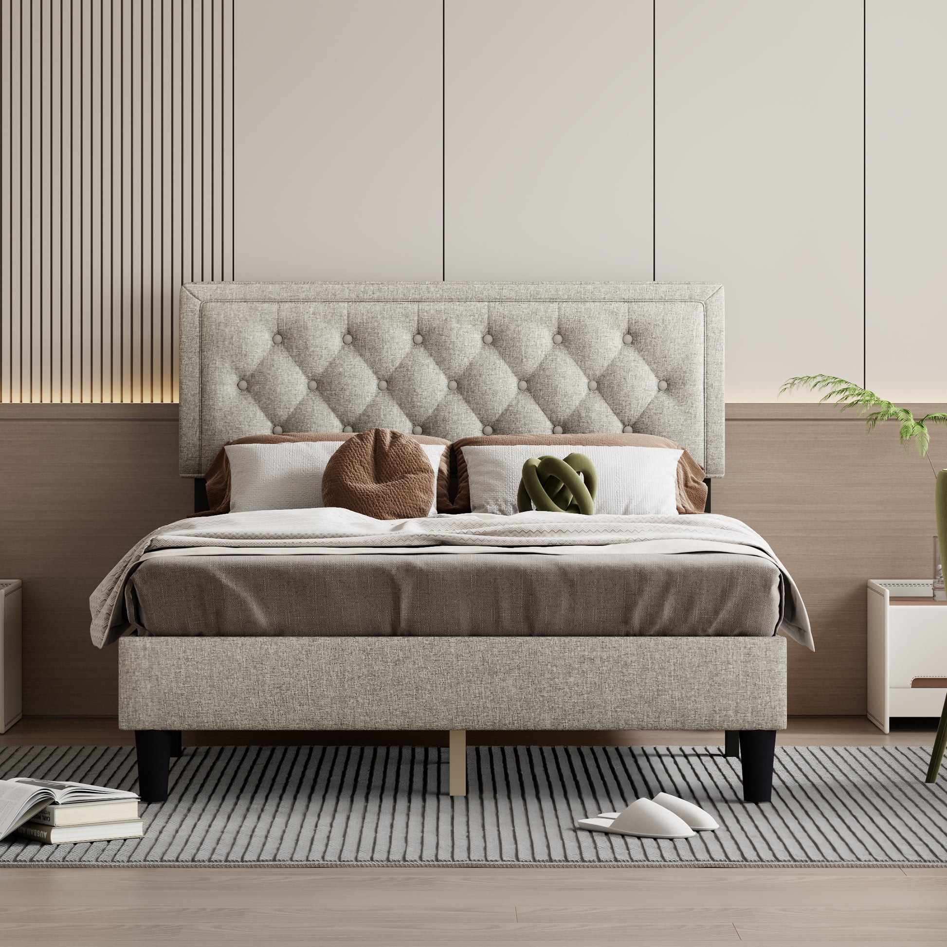 Queen Size Panel Bed Frame With Adjustable Button Tufted Headboard For Bedroom Linen Upholstered Wood Slat Support Easy Assembly,Linen Beige Beige Wood