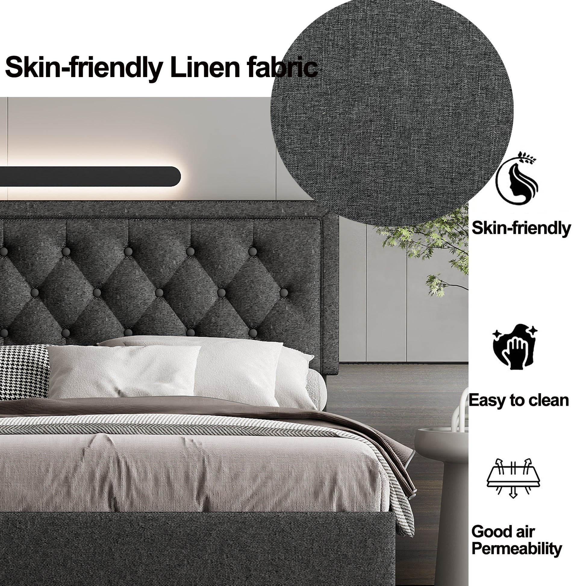 Full Size Panel Bed Frame With Adjustable Button Tufted Headboard For Bedroom Linen Upholstered Wood Slat Support Easy Assembly,Dark Grey Dark Grey Wood