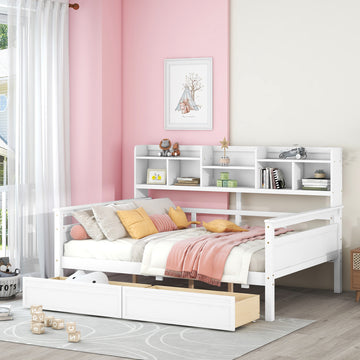 Full Size Daybed, Wood Slat Support, With Bedside Shelf And Two Drawers, White White Solid Wood Mdf