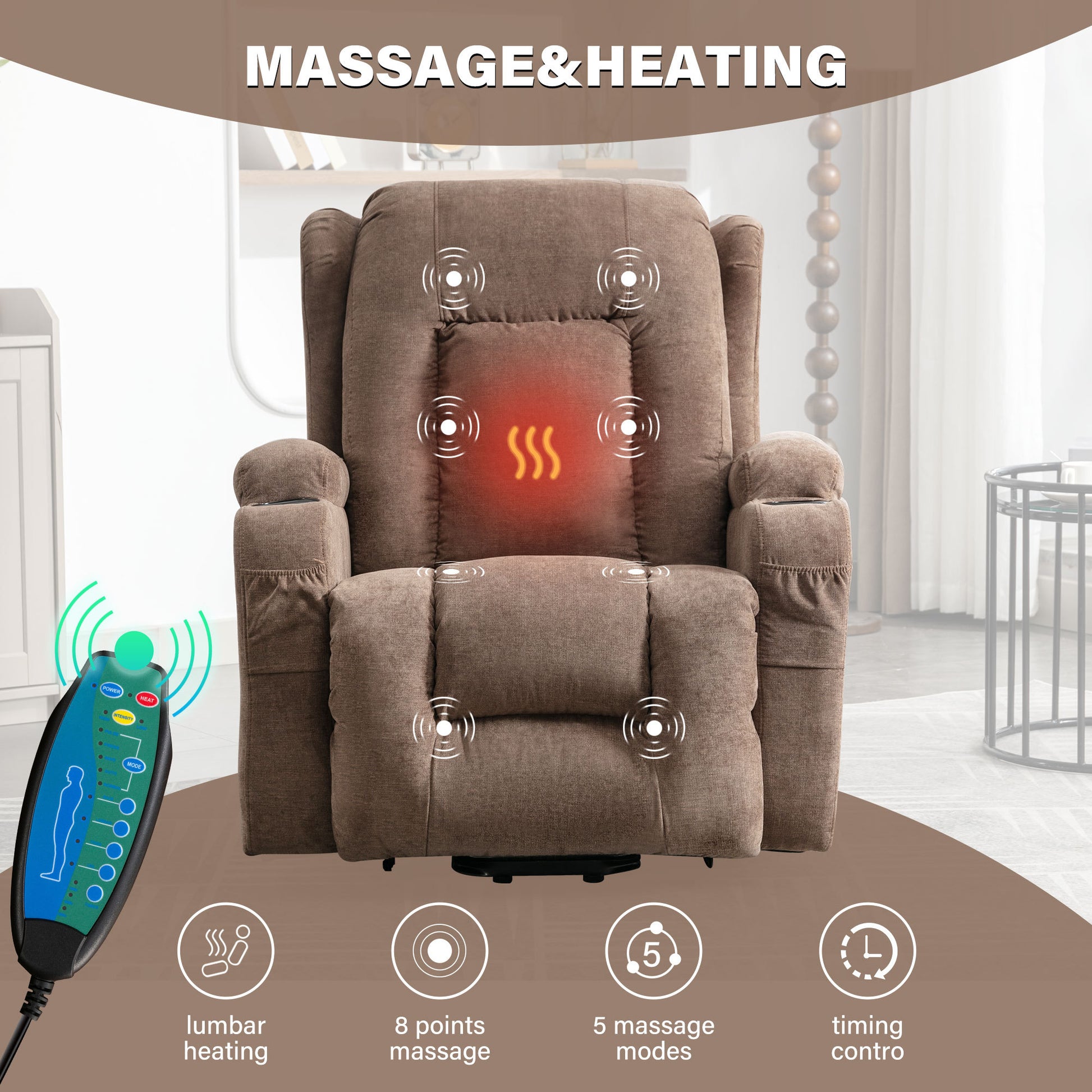 Power Lift Recliner Chair Recliners For Elderly With Heat And Massage Recliner Chair For Living Room With Infinite Position And Side Pocket,Usb Charge Port Brown Brown Power Push Button Soft Heavy Duty Cotton Wood Metal