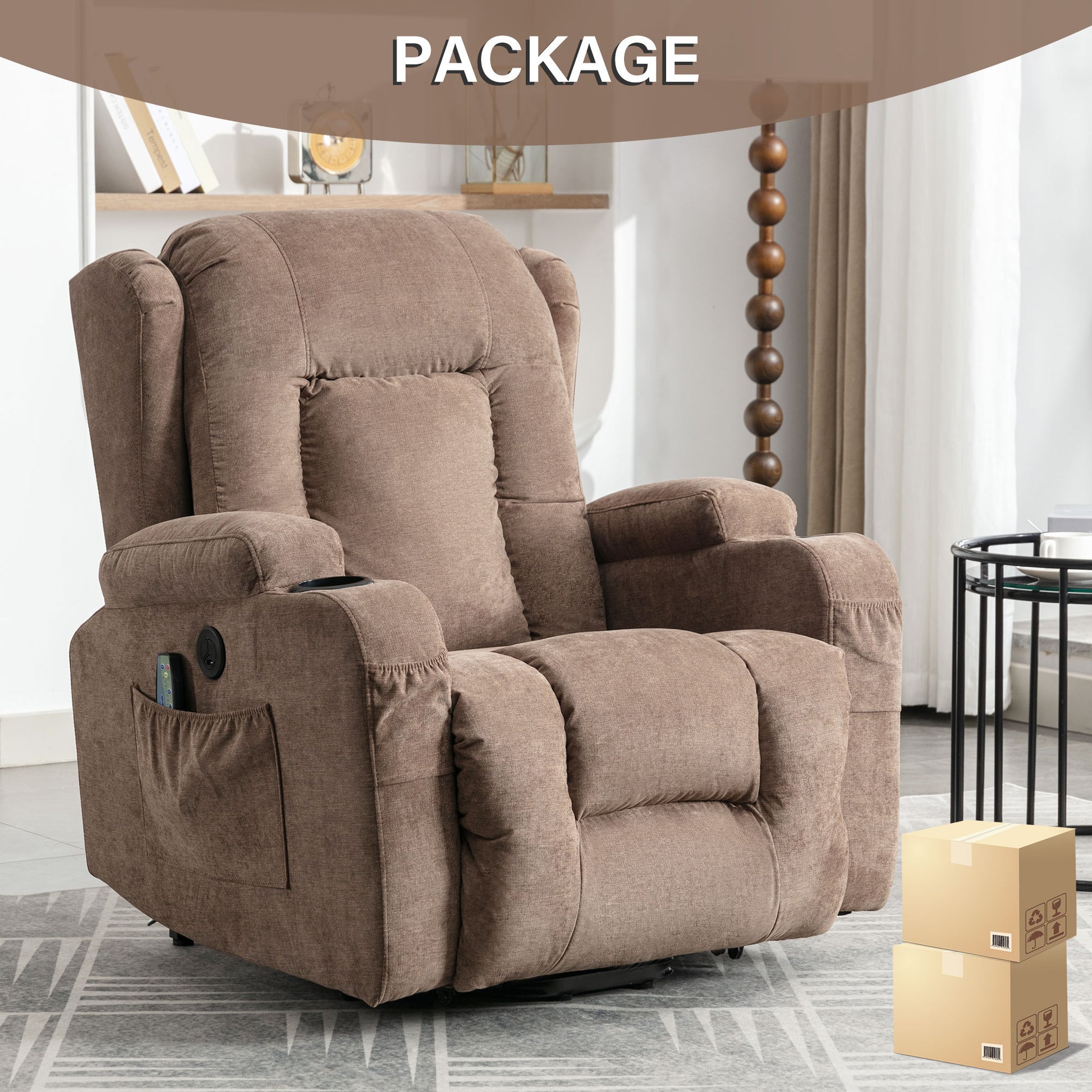 Power Lift Recliner Chair Recliners For Elderly With Heat And Massage Recliner Chair For Living Room With Infinite Position And Side Pocket,Usb Charge Port Brown Brown Power Push Button Soft Heavy Duty Cotton Wood Metal