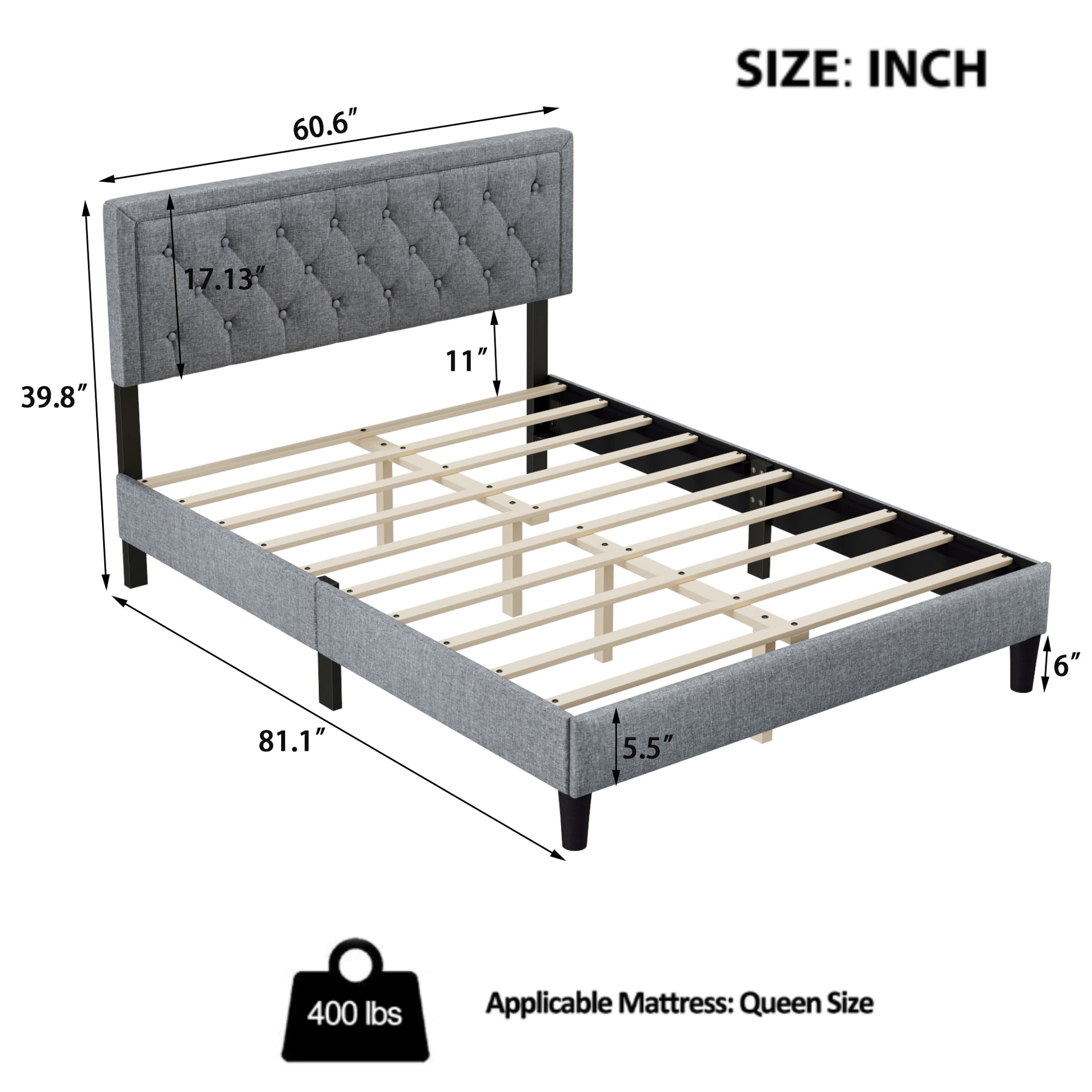 Queen Size Panel Bed Frame With Adjustable Button Tufted Headboard For Bedroom Linen Upholstered Wood Slat Support Easy Assembly,Light Grey Light Grey Wood