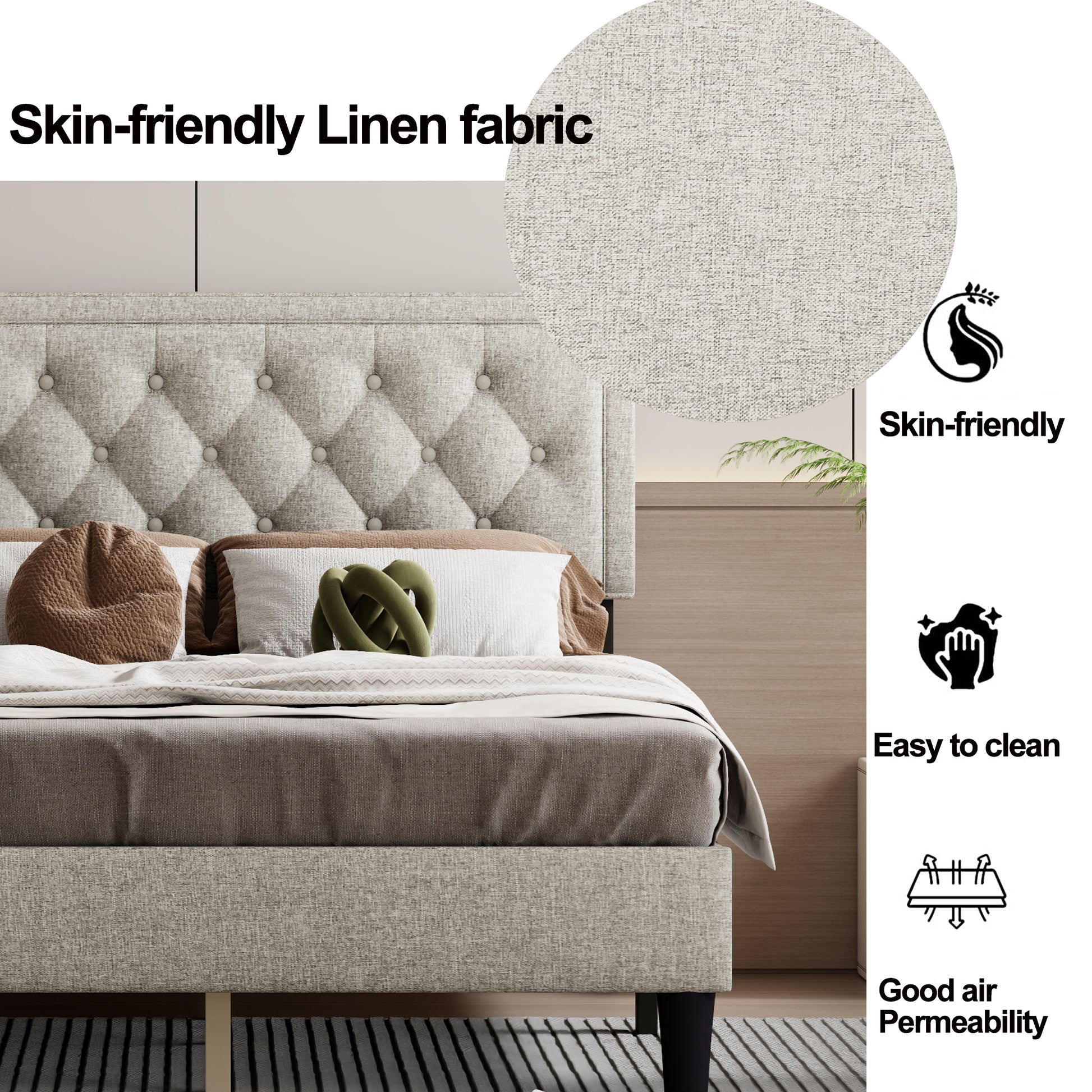 Queen Size Panel Bed Frame With Adjustable Button Tufted Headboard For Bedroom Linen Upholstered Wood Slat Support Easy Assembly,Linen Beige Beige Wood