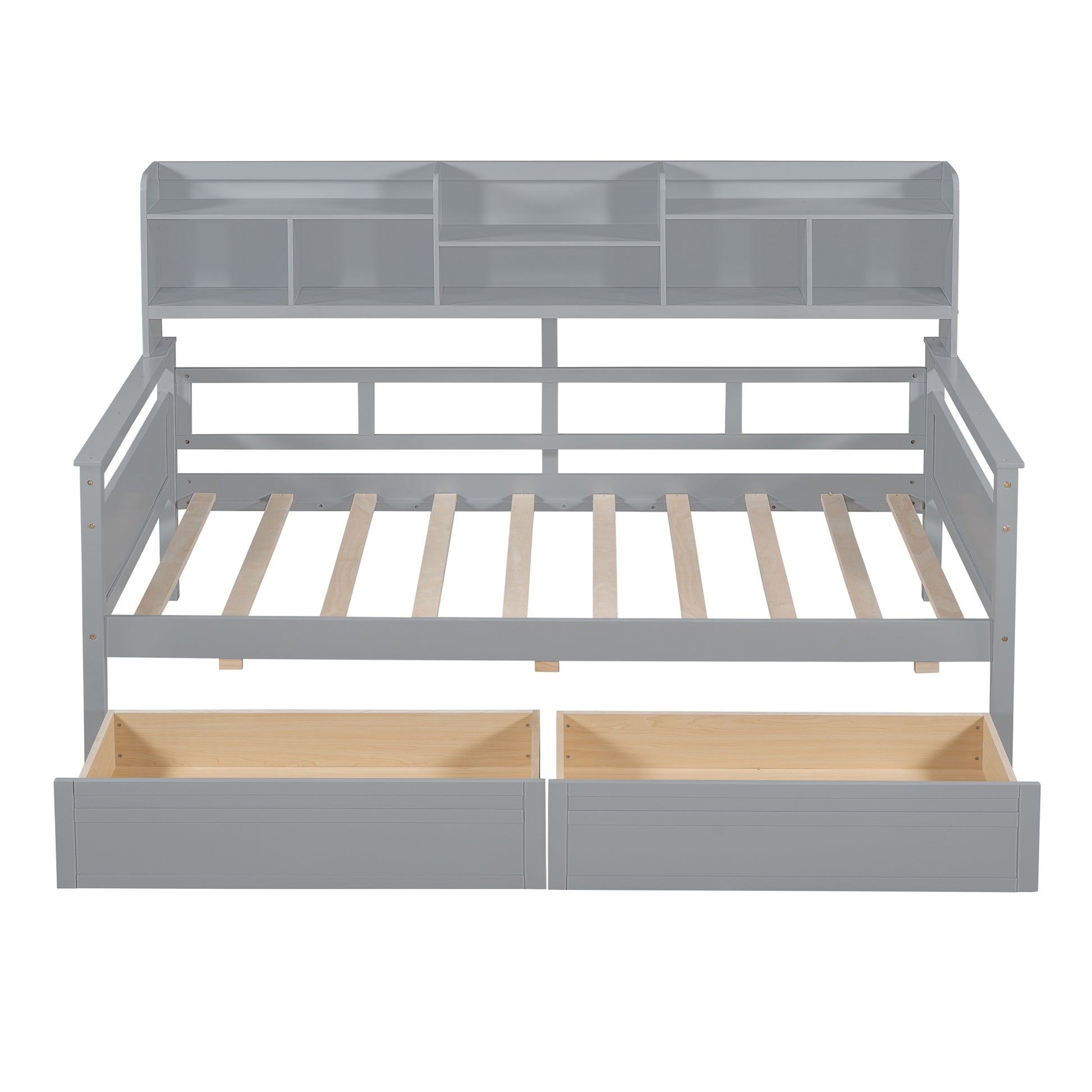 Twin Size Daybed, Wood Slat Support, With Bedside Shelves And Two Drawers, Gray Gray Solid Wood Mdf