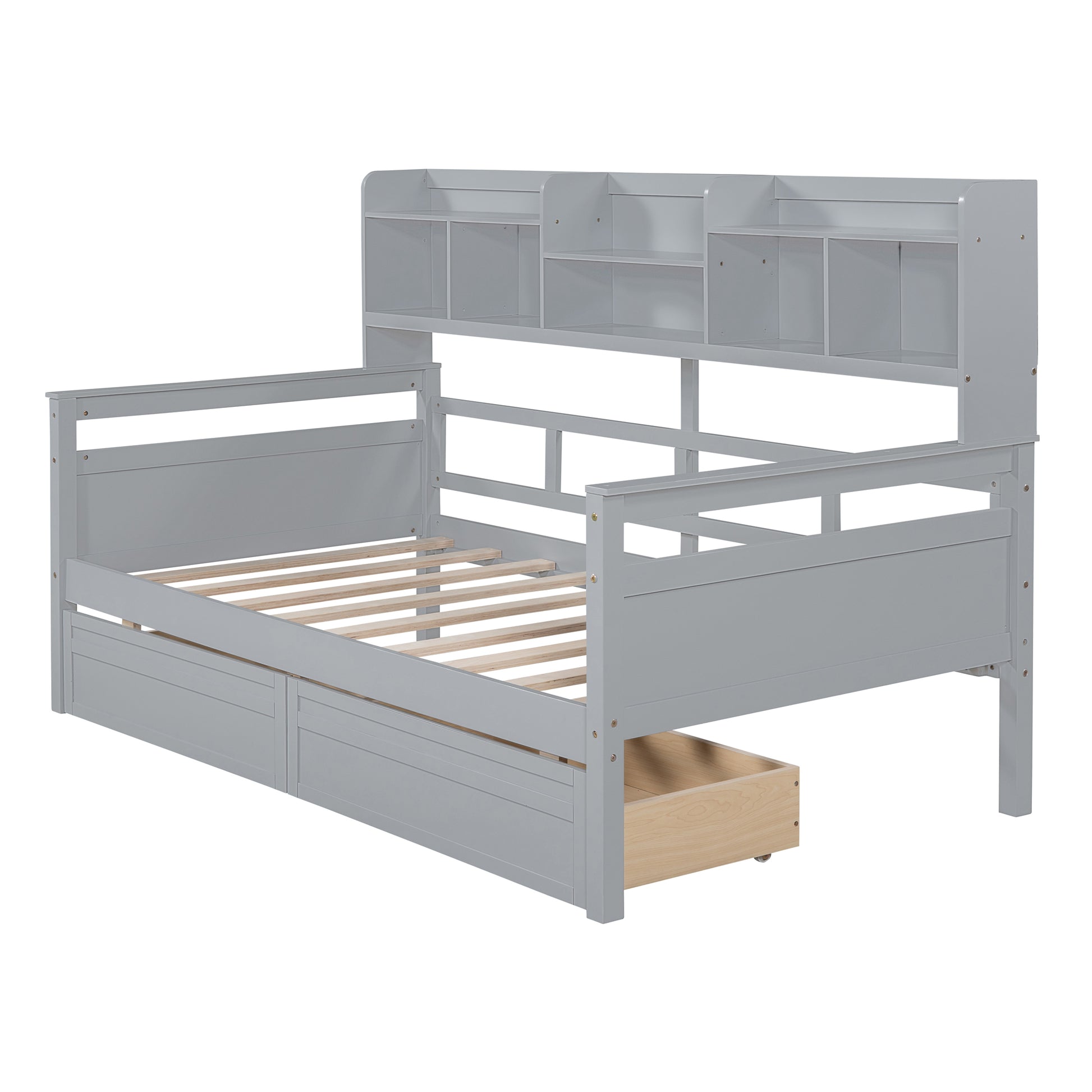 Twin Size Daybed, Wood Slat Support, With Bedside Shelves And Two Drawers, Gray Gray Solid Wood Mdf