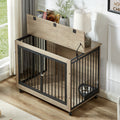 Furniture Style Dog Crate Side Table With Rotatable Feeding Bowl, Wheels, Three Doors, Flip Up Top Opening. Indoor, Grey, 38.58