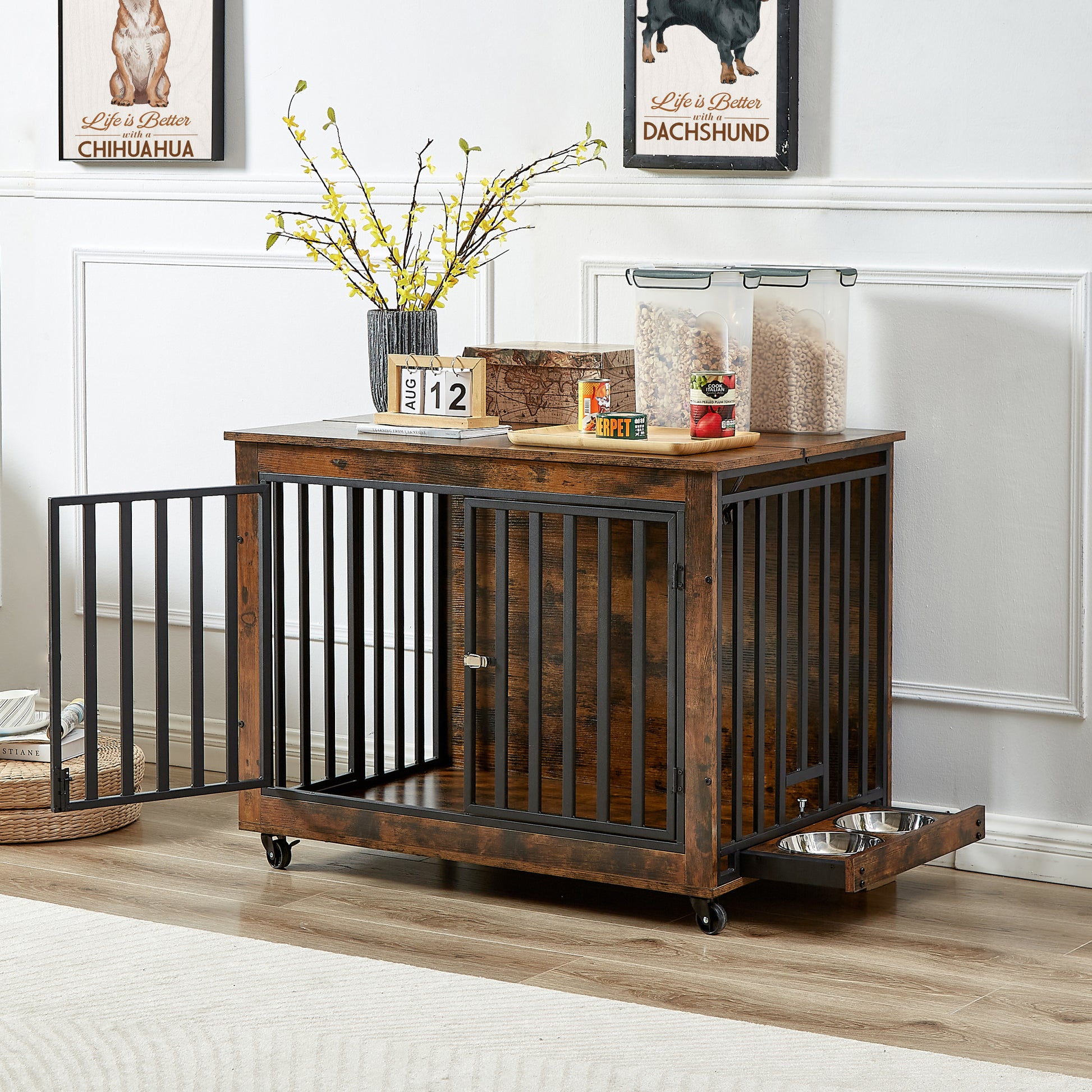 Furniture Style Dog Crate Side Table With Feeding Bowl, Wheels, Three Doors, Flip Up Top Opening. Indoor, Rustic Brown, 38.58"W X 25.2"D X 27.17"H Rustic Brown Particle Board