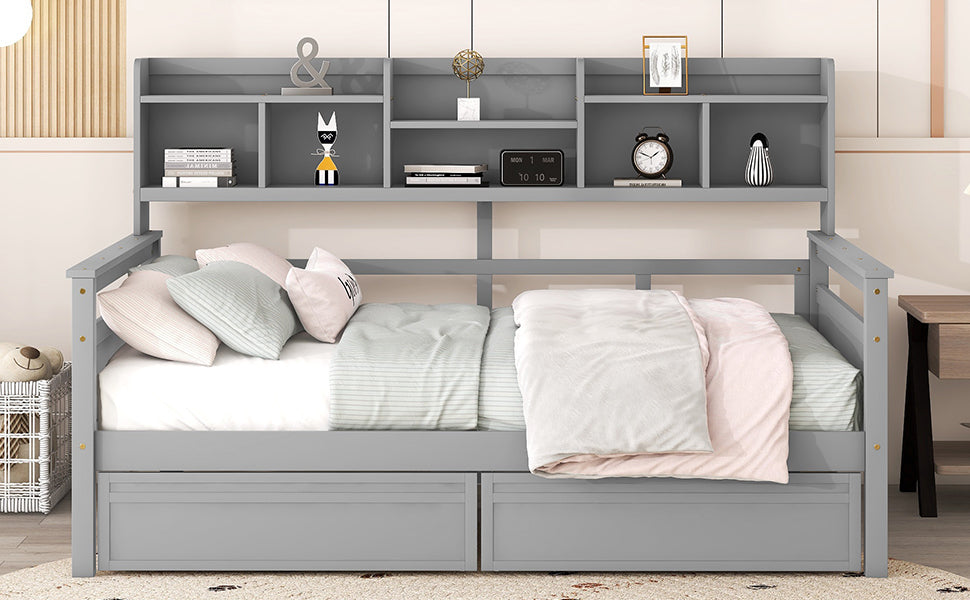 Full Size Daybed, Wood Slat Support, With Bedside Shelf And Two Drawers, Gray Gray Solid Wood Mdf