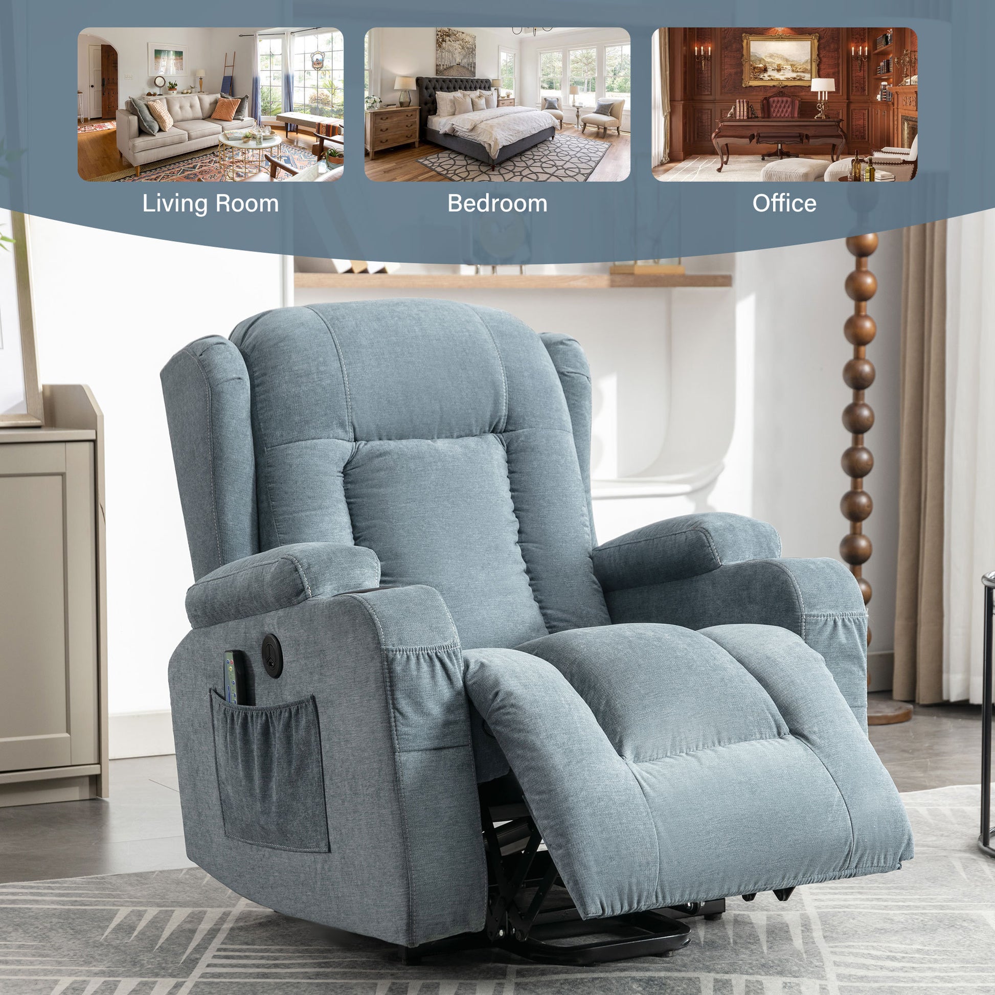 Power Lift Recliner Chair Recliners For Elderly With Heat And Massage Recliner Chair For Living Room With Infinite Position And Side Pocket,Usb Charge Port Blue Blue Power Push Button Soft Heavy Duty Cotton Wood Metal