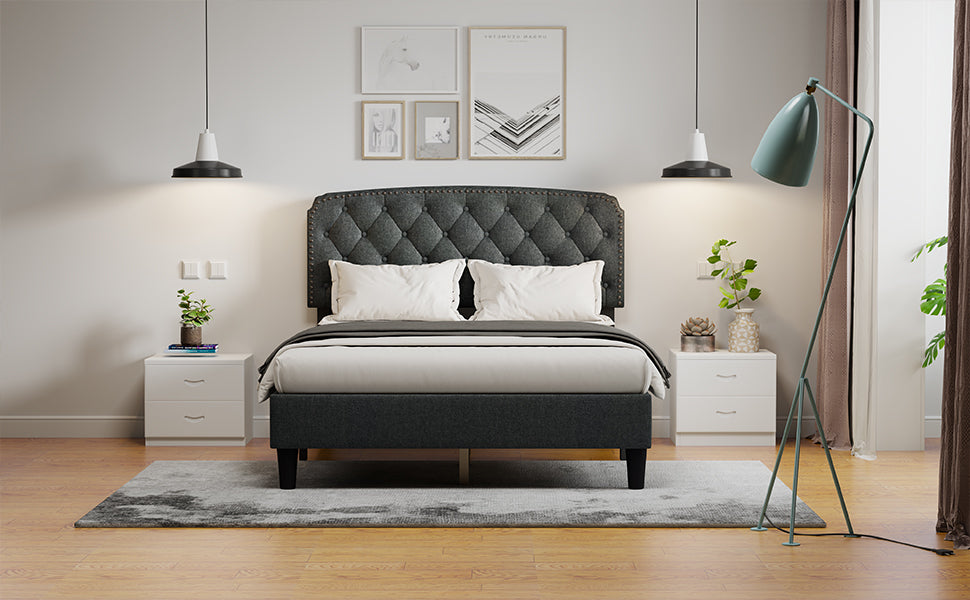 Full Size Adjustable Headboard With Fine Linen Upholstery And Button Tufting For Bedroom, Wave Top Dark Gray Dark Grey Wood